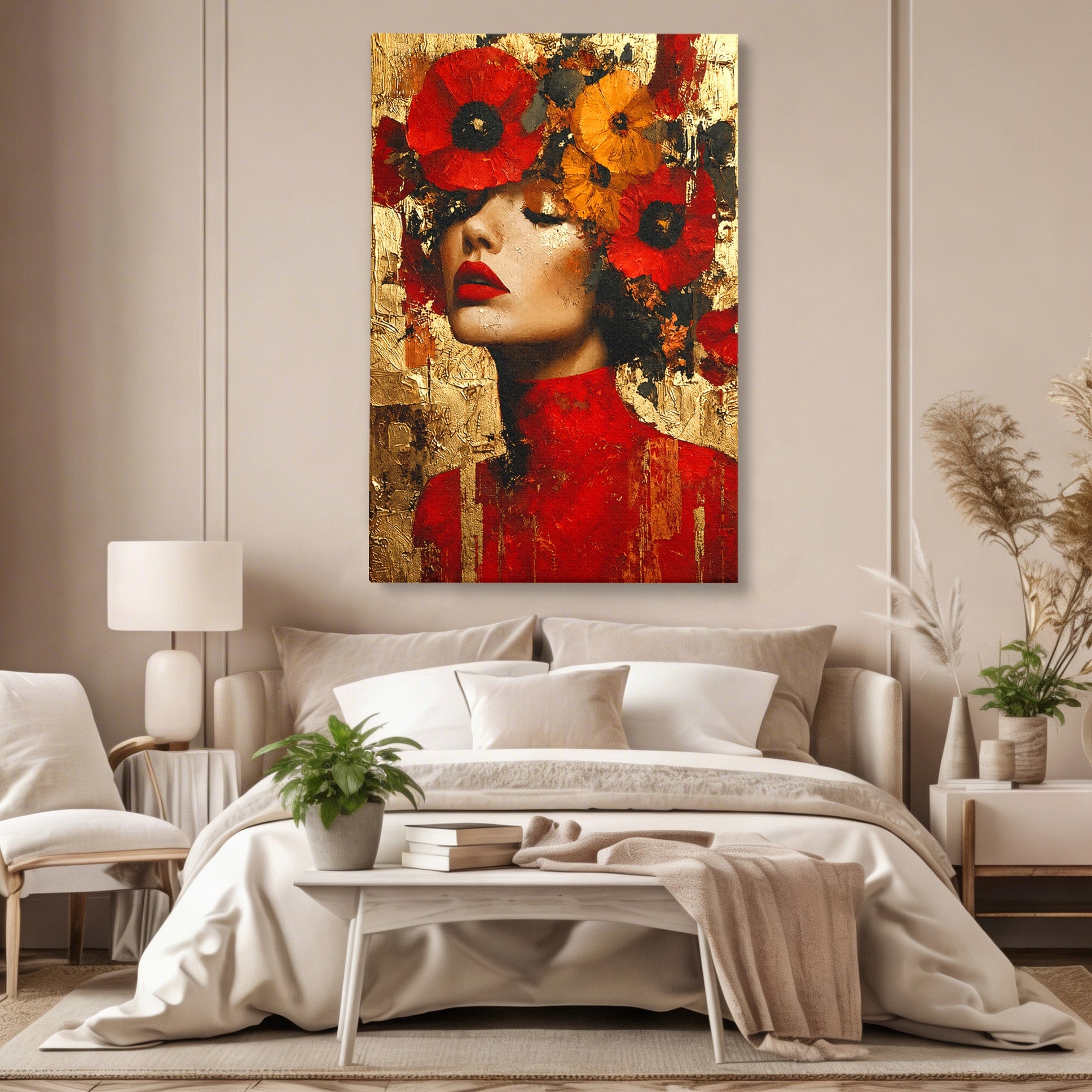 Tablou Canvas Premium LuxCanva® G1255, Misterul Macilor Aurii, Portret, Femeie, Mac, Arta Abstracta, Dormitor, Culori Vibrante