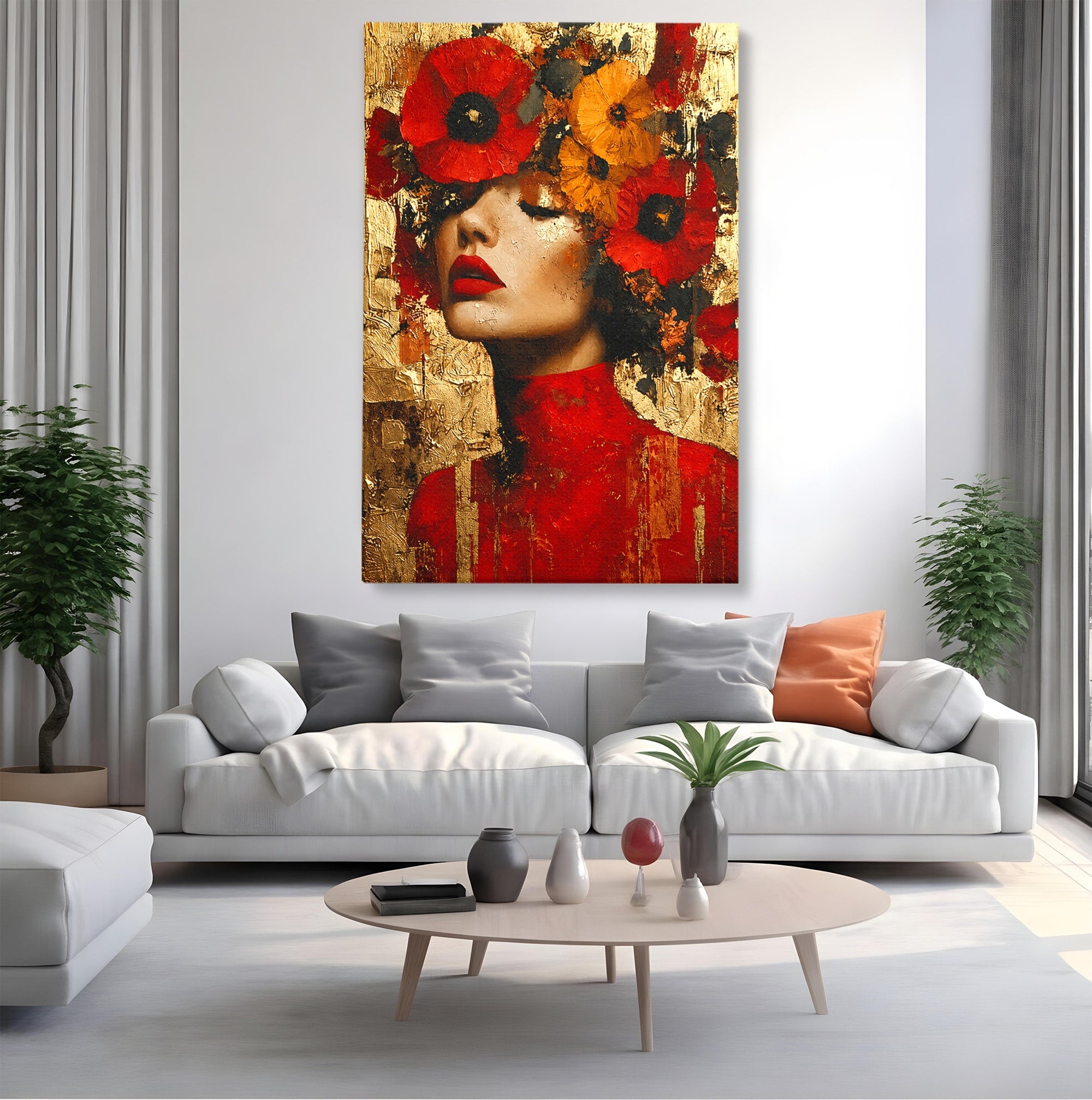 Tablou Canvas Premium LuxCanva® G1255, Misterul Macilor Aurii, Portret, Femeie, Mac, Arta Abstracta, Dormitor, Culori Vibrante