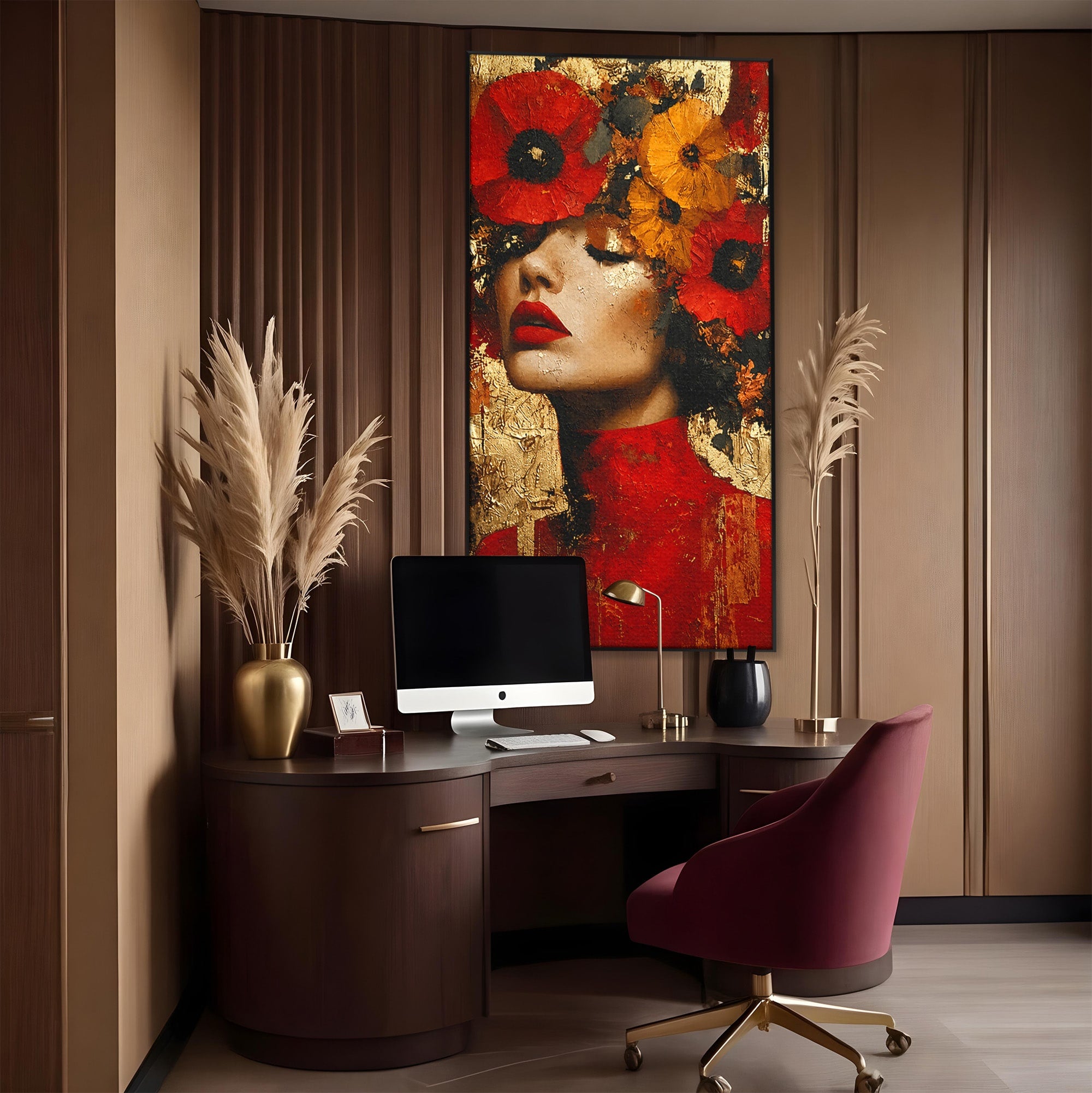 Tablou Canvas Premium LuxCanva® G1255, Misterul Macilor Aurii, Portret, Femeie, Mac, Arta Abstracta, Dormitor, Culori Vibrante