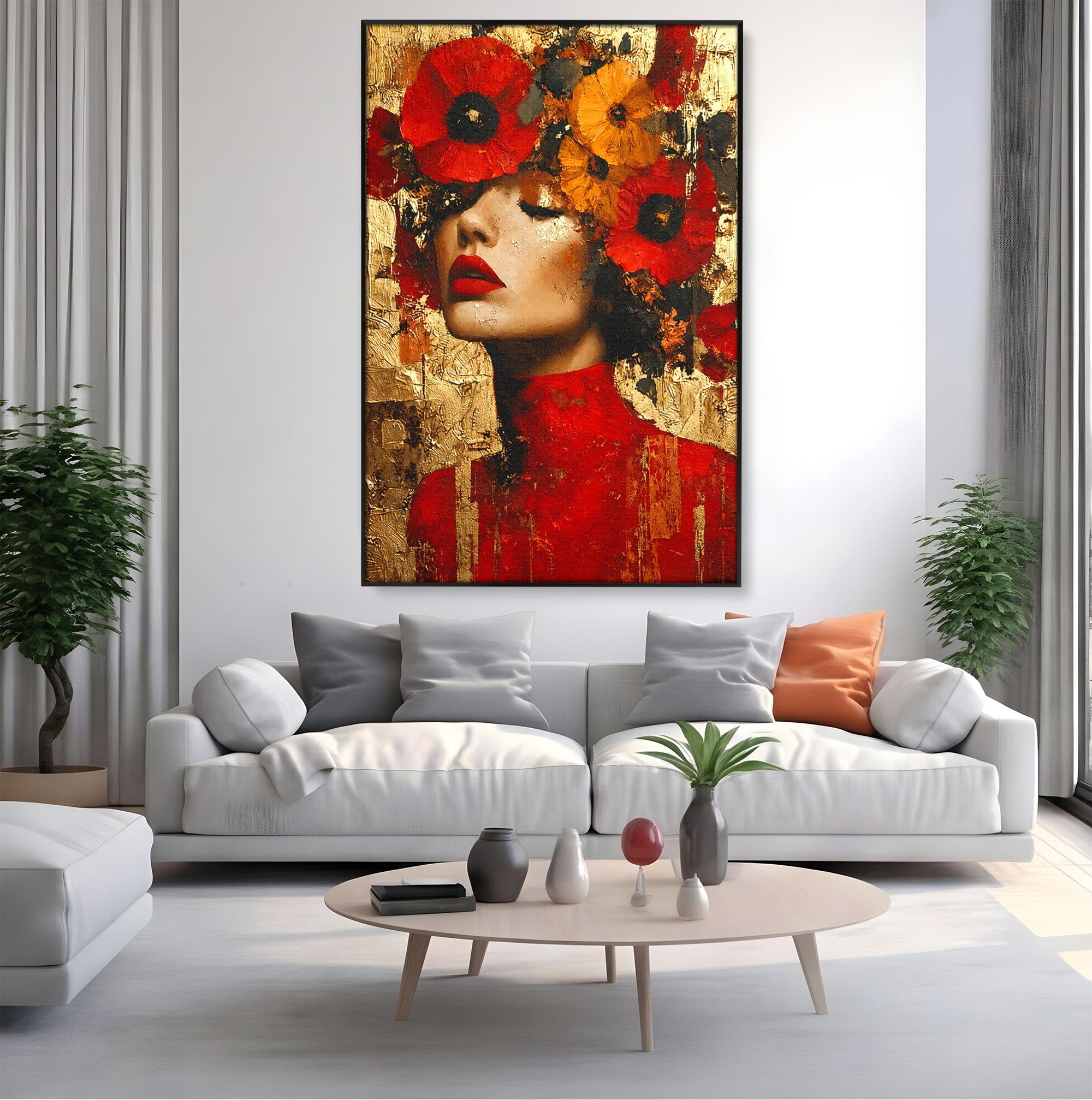 Tablou Canvas Premium LuxCanva® G1255, Misterul Macilor Aurii, Portret, Femeie, Mac, Arta Abstracta, Dormitor, Culori Vibrante