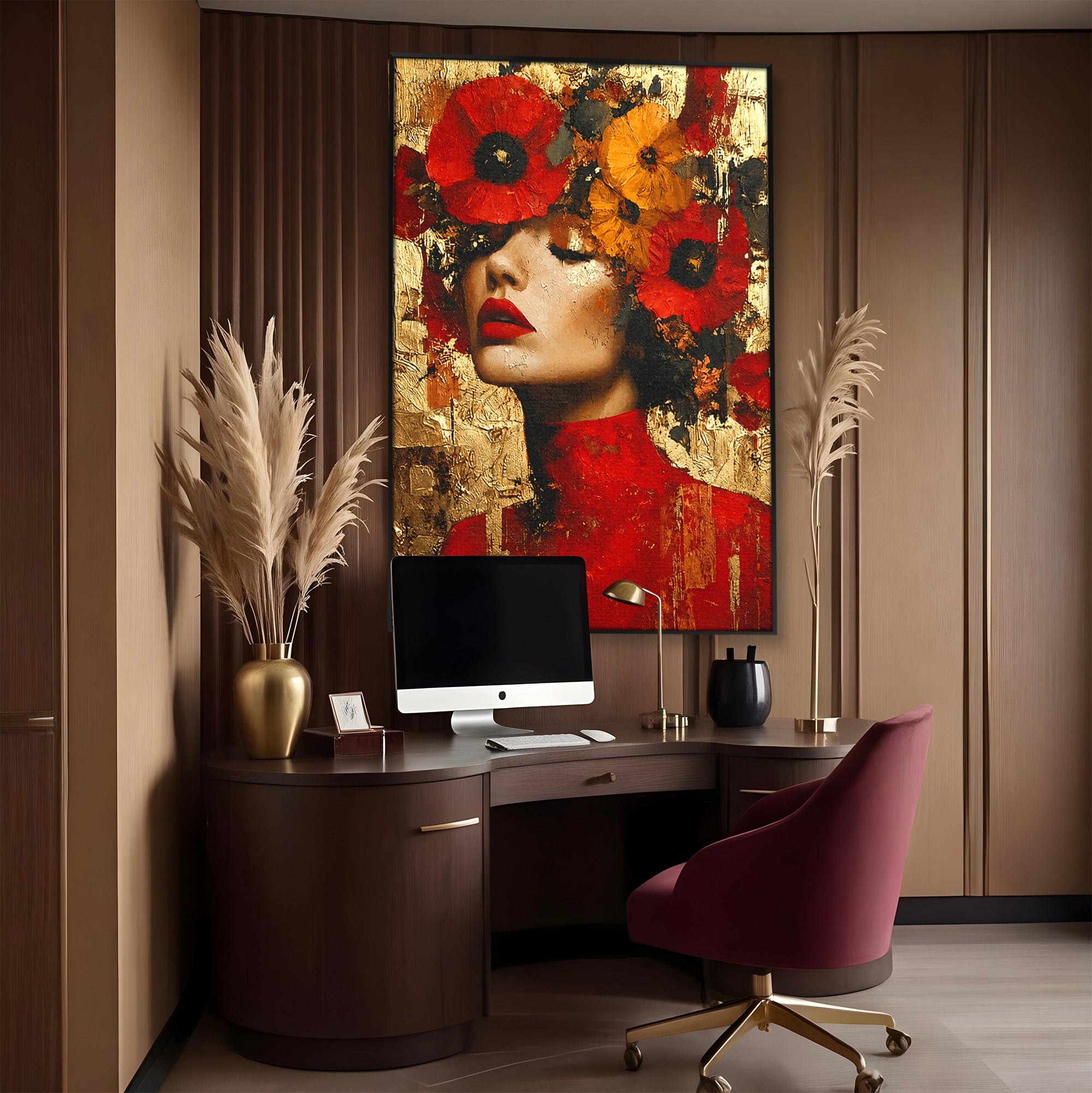 Tablou Canvas Premium LuxCanva® G1255, Misterul Macilor Aurii, Portret, Femeie, Mac, Arta Abstracta, Dormitor, Culori Vibrante