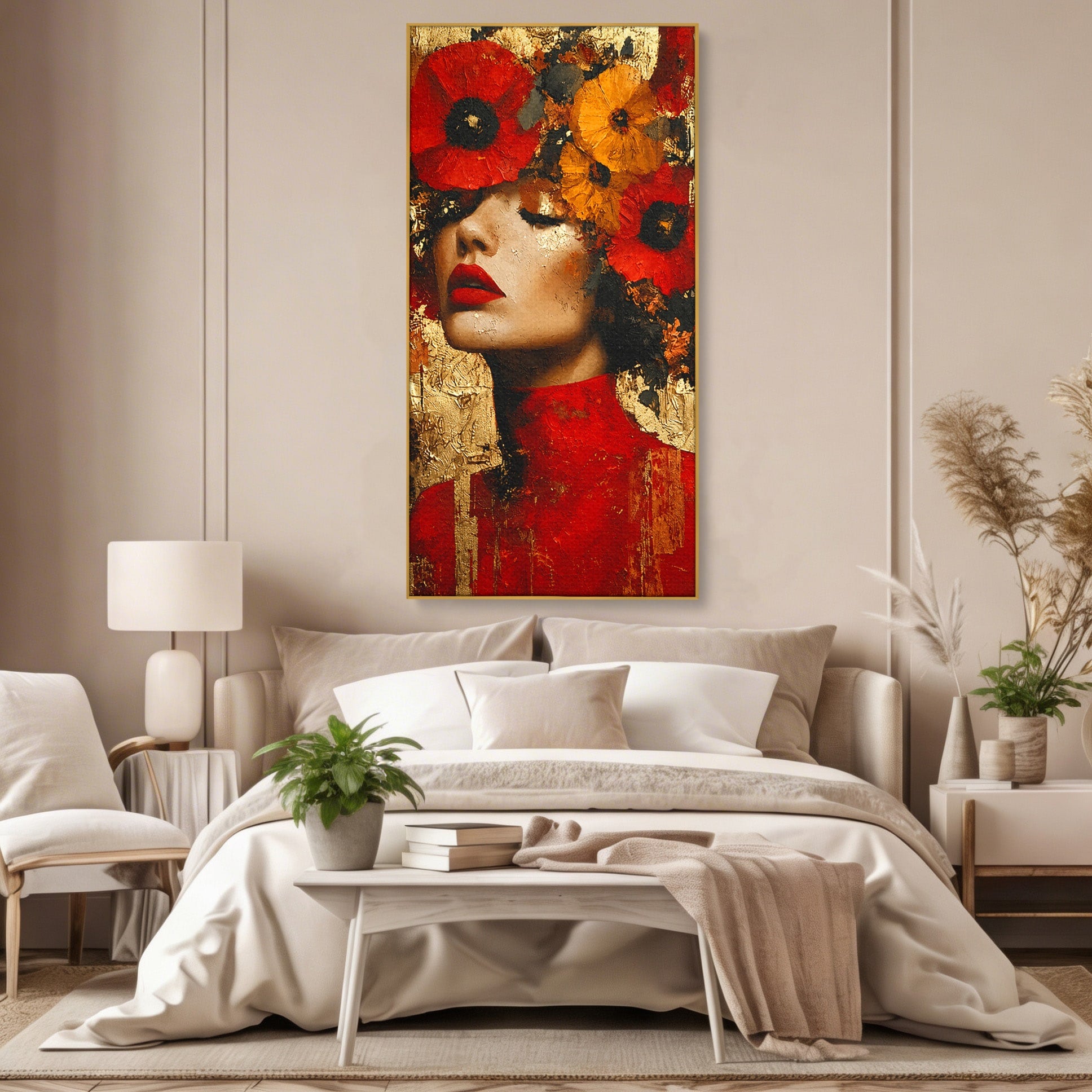 Tablou Canvas Premium LuxCanva® G1255, Misterul Macilor Aurii, Portret, Femeie, Mac, Arta Abstracta, Dormitor, Culori Vibrante