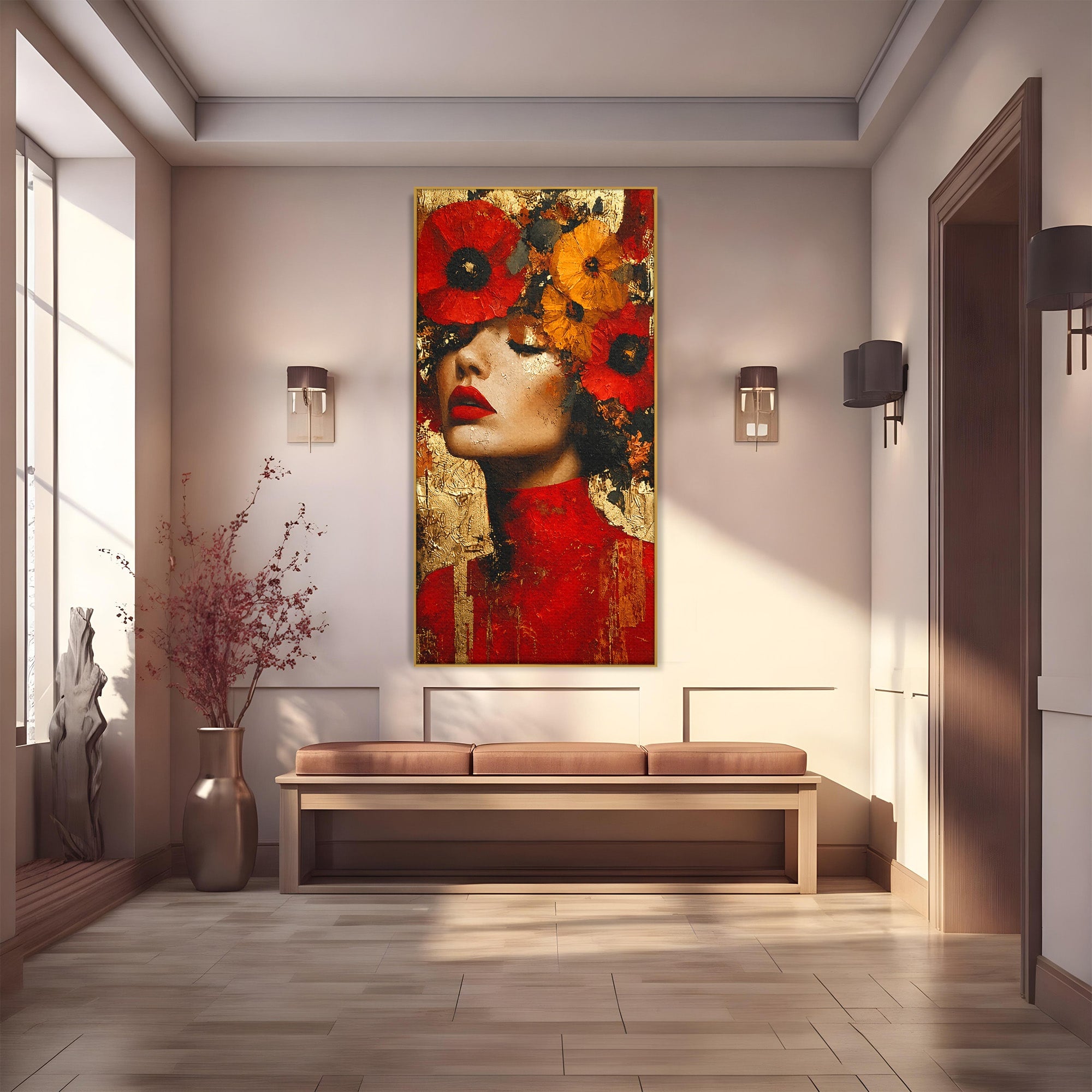 Tablou Canvas Premium LuxCanva® G1255, Misterul Macilor Aurii, Portret, Femeie, Mac, Arta Abstracta, Dormitor, Culori Vibrante