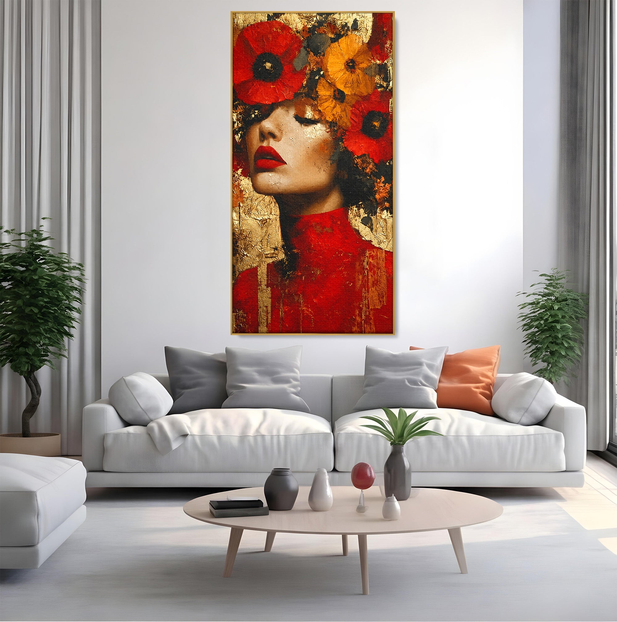 Tablou Canvas Premium LuxCanva® G1255, Misterul Macilor Aurii, Portret, Femeie, Mac, Arta Abstracta, Dormitor, Culori Vibrante