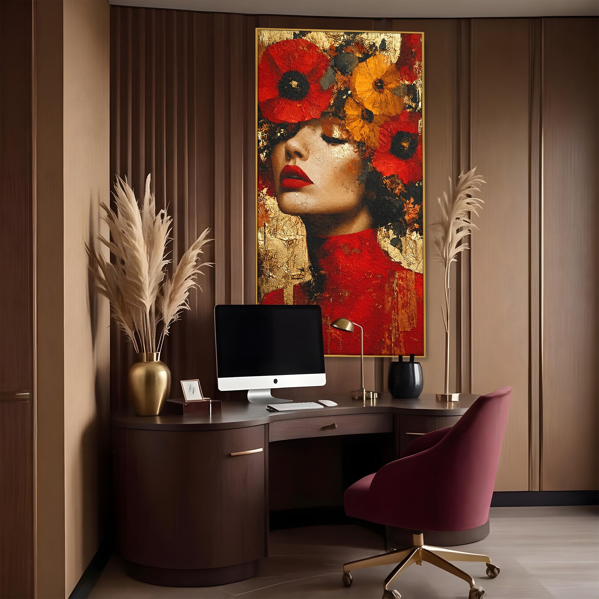 Tablou Canvas Premium LuxCanva® G1255, Misterul Macilor Aurii, Portret, Femeie, Mac, Arta Abstracta, Dormitor, Culori Vibrante