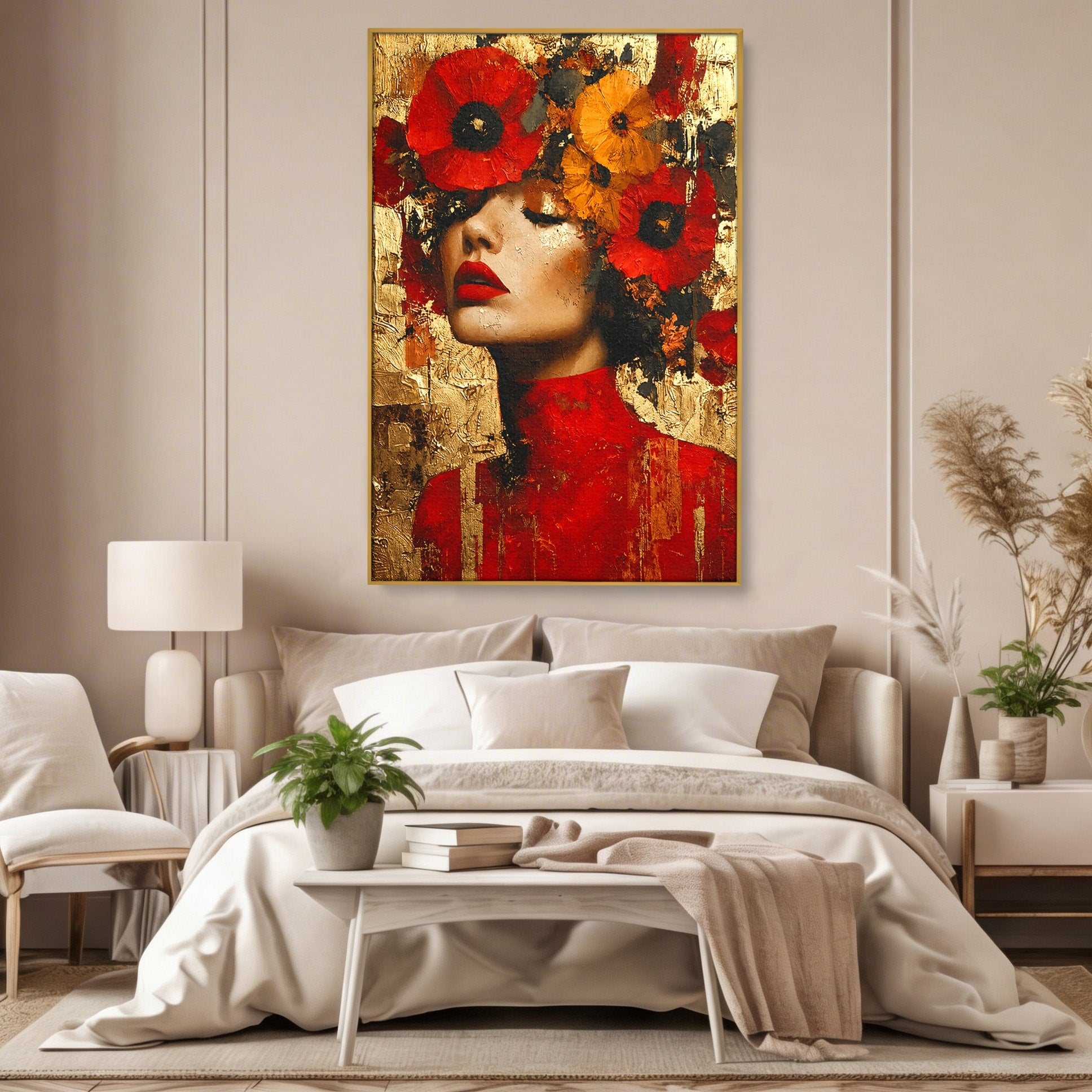 Tablou Canvas Premium LuxCanva® G1255, Misterul Macilor Aurii, Portret, Femeie, Mac, Arta Abstracta, Dormitor, Culori Vibrante
