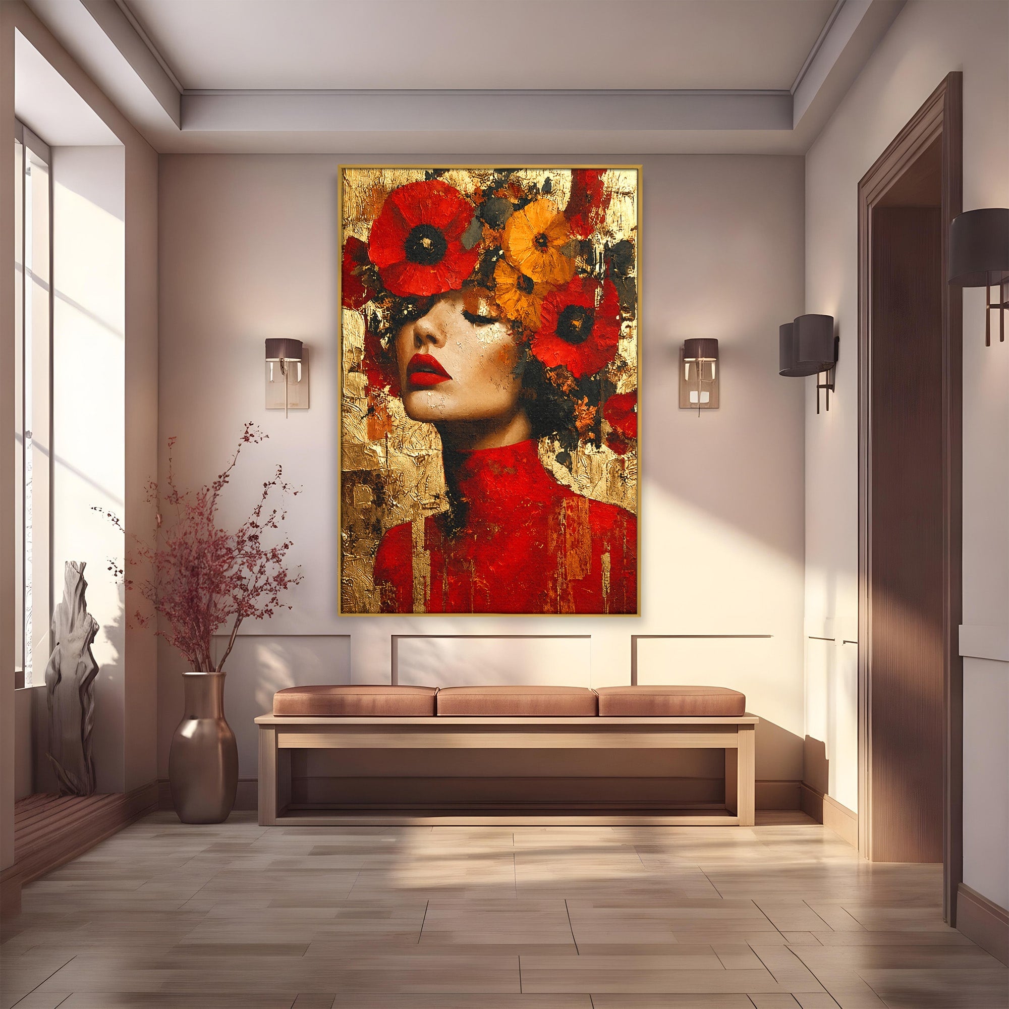 Tablou Canvas Premium LuxCanva® G1255, Misterul Macilor Aurii, Portret, Femeie, Mac, Arta Abstracta, Dormitor, Culori Vibrante