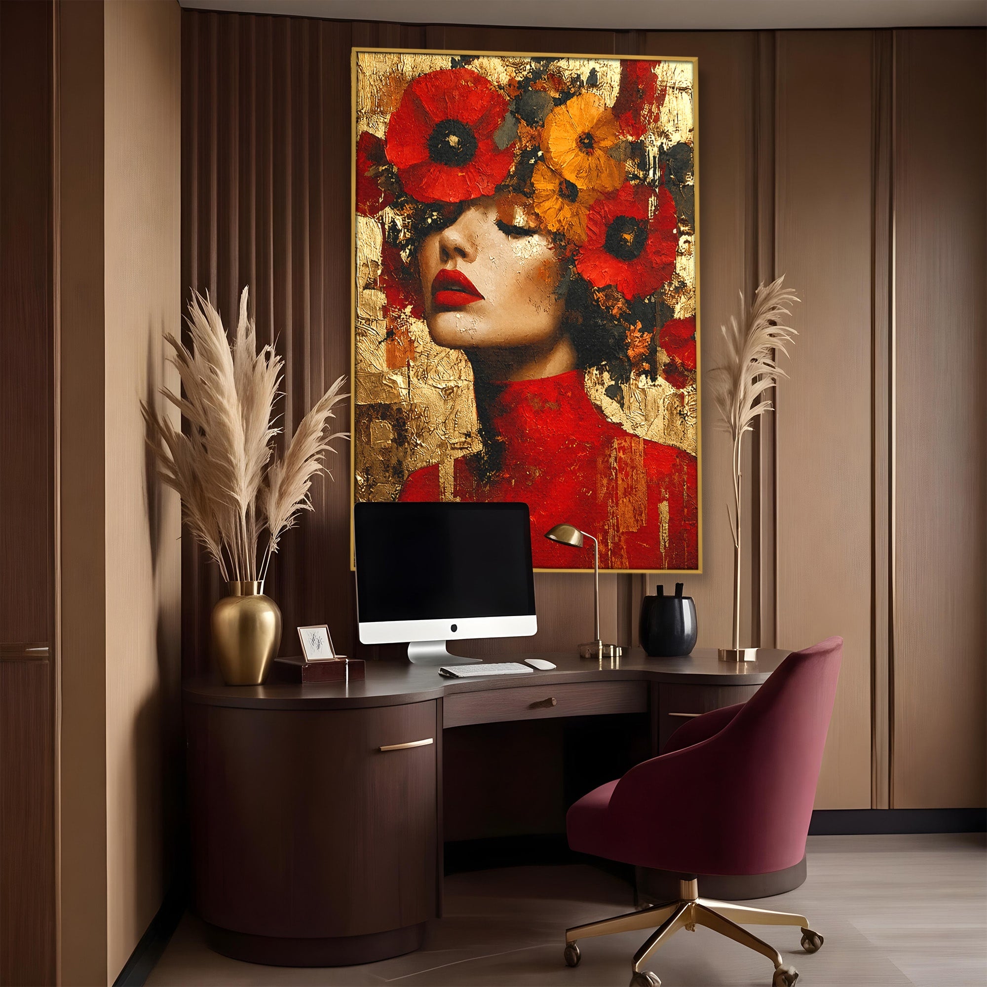 Tablou Canvas Premium LuxCanva® G1255, Misterul Macilor Aurii, Portret, Femeie, Mac, Arta Abstracta, Dormitor, Culori Vibrante