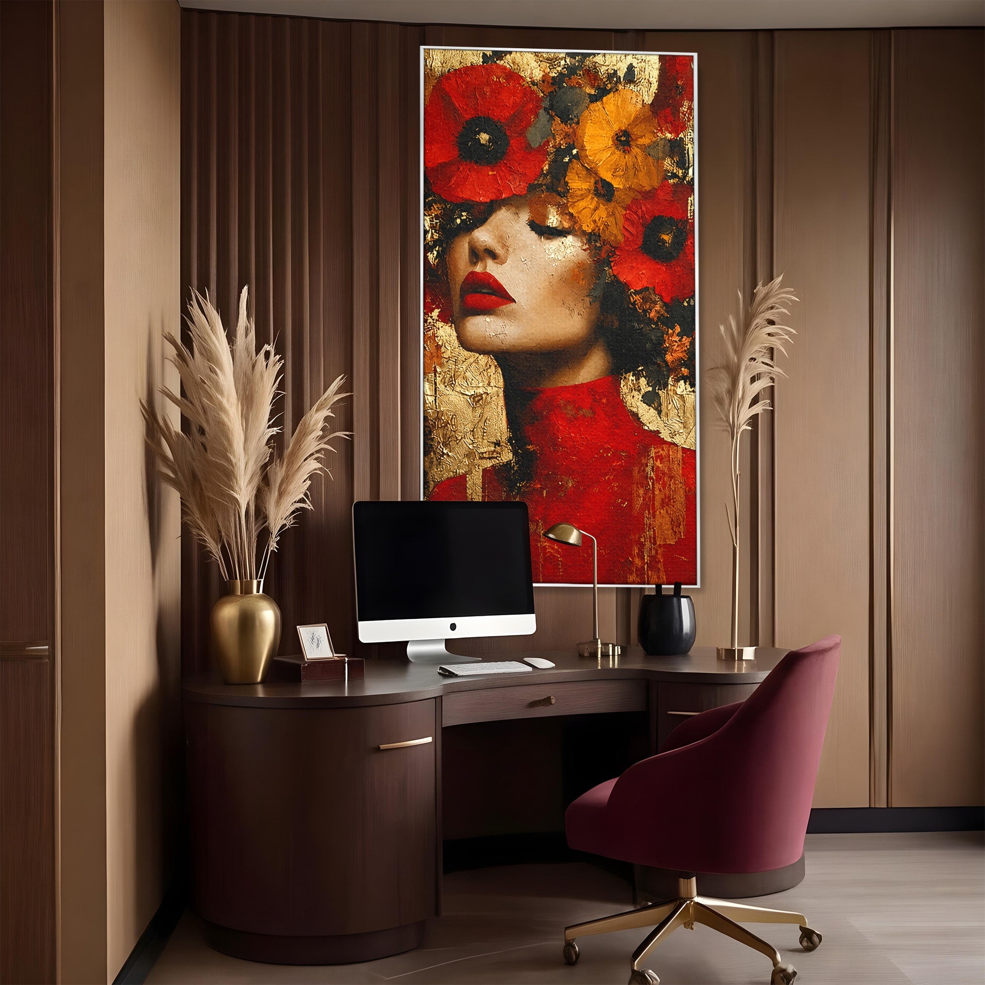 Tablou Canvas Premium LuxCanva® G1255, Misterul Macilor Aurii, Portret, Femeie, Mac, Arta Abstracta, Dormitor, Culori Vibrante