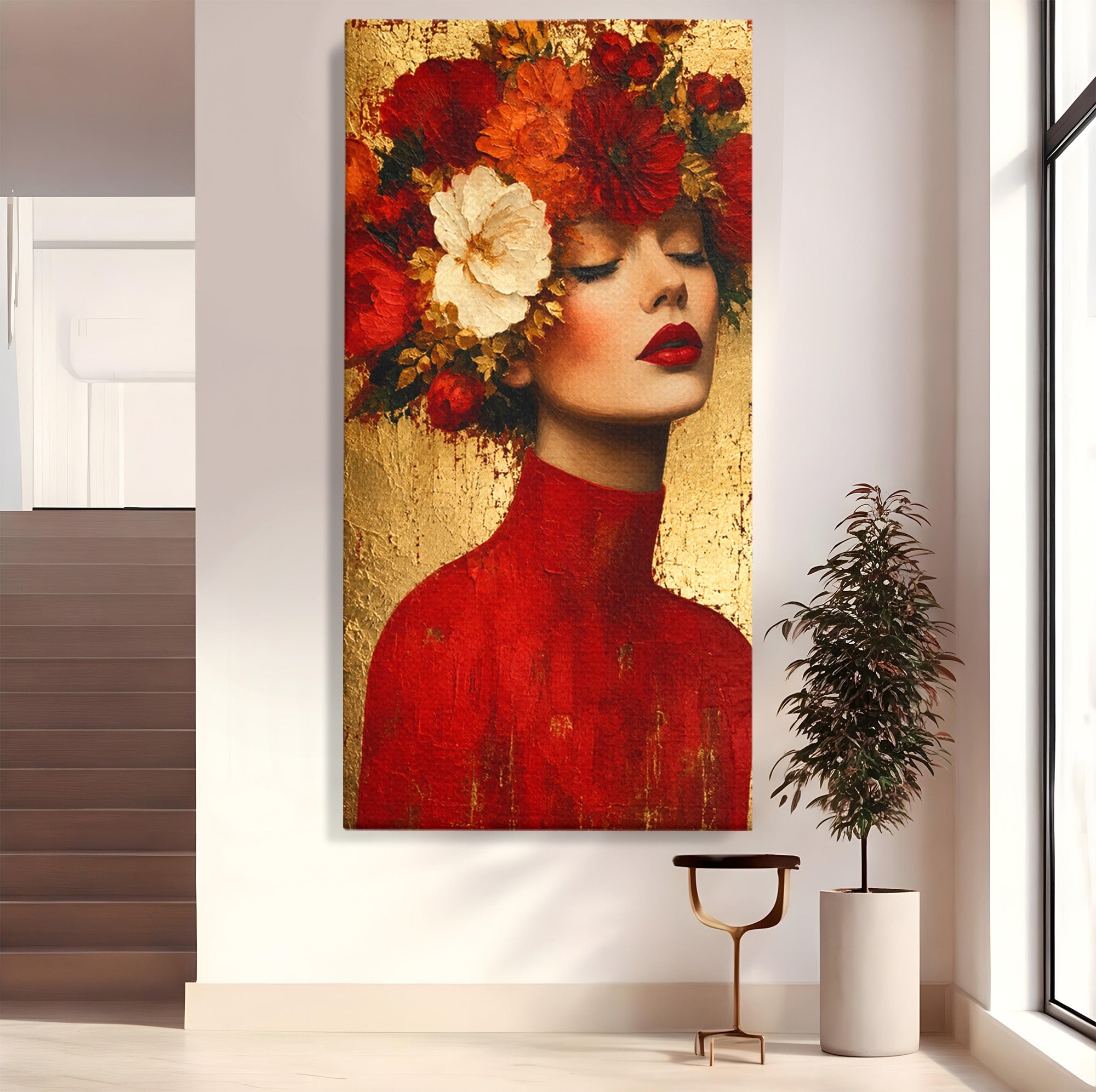 Tablou Canvas Premium LuxCanva® G1256, Femeie Cu Flori, Femeie, Flori, Portret, Eleganta, Living, Culori Vibrante