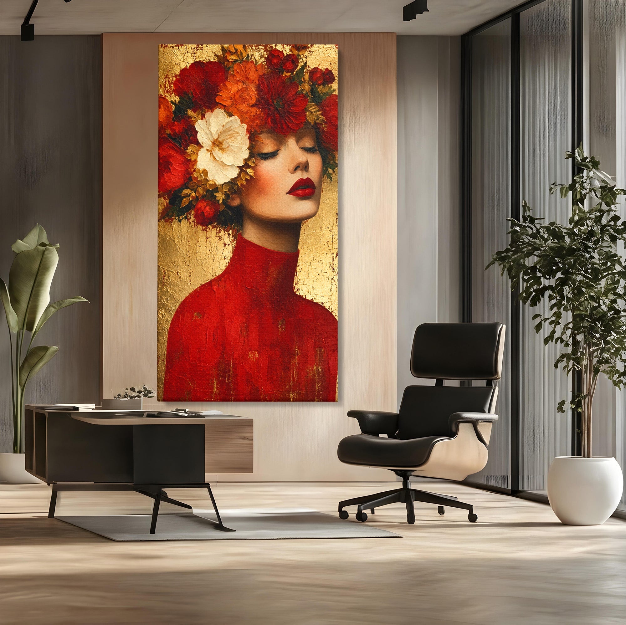 Tablou Canvas Premium LuxCanva® G1256, Femeie Cu Flori, Femeie, Flori, Portret, Eleganta, Living, Culori Vibrante