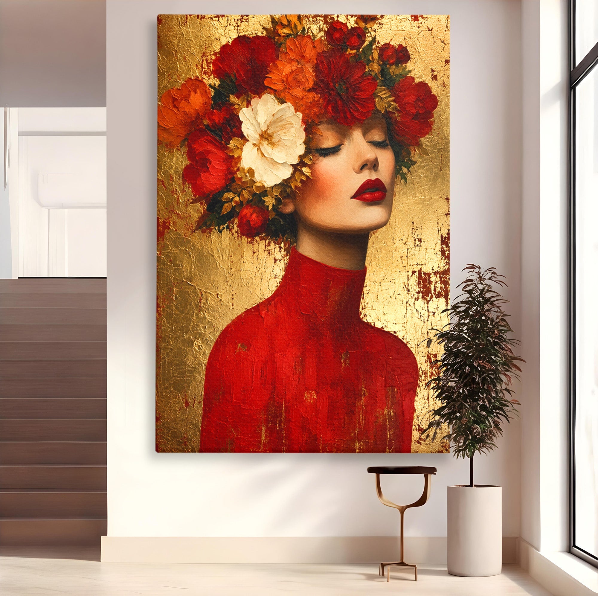 Tablou Canvas Premium LuxCanva® G1256, Femeie Cu Flori, Femeie, Flori, Portret, Eleganta, Living, Culori Vibrante
