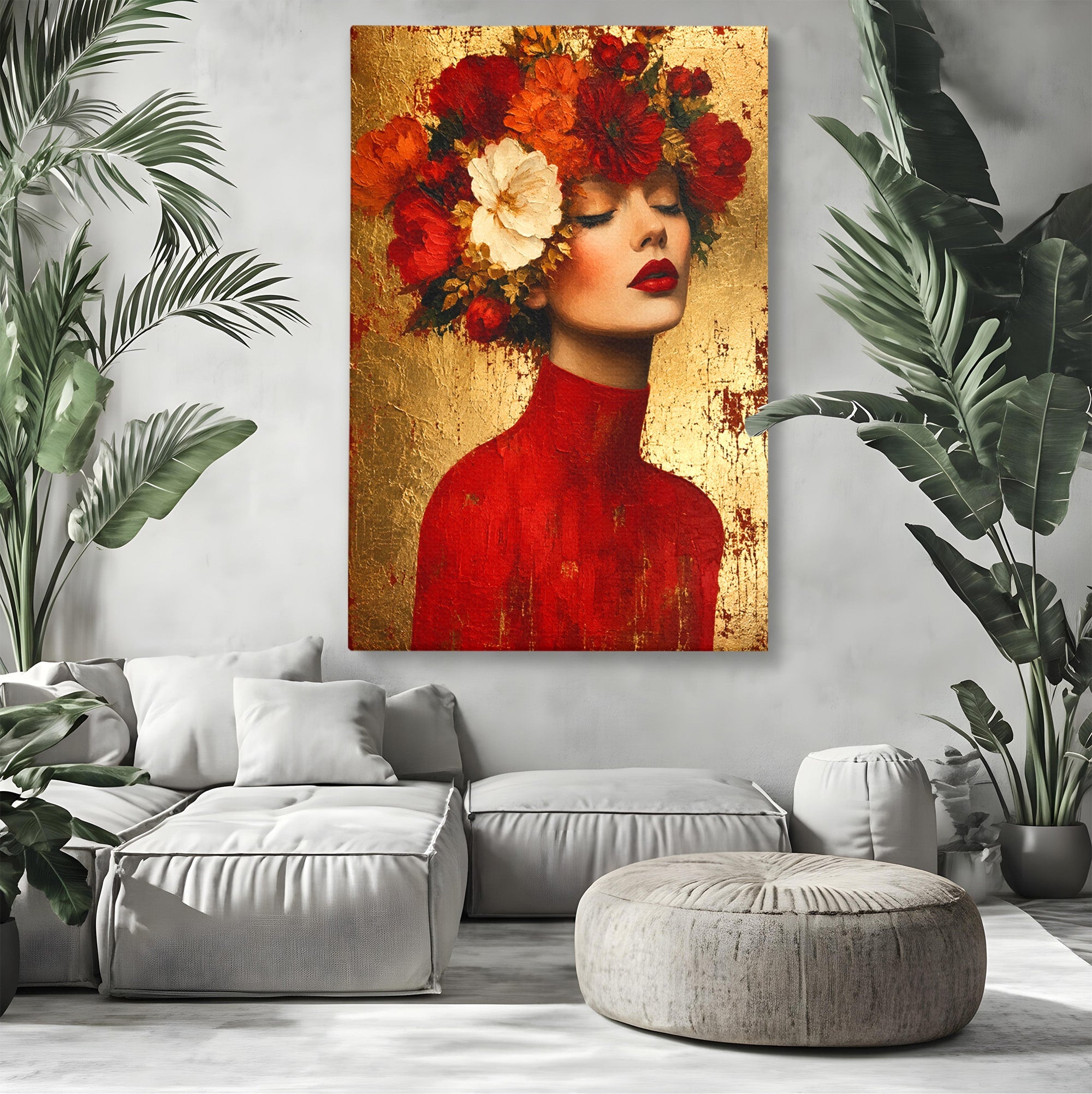 Tablou Canvas Premium LuxCanva® G1256, Femeie Cu Flori, Femeie, Flori, Portret, Eleganta, Living, Culori Vibrante