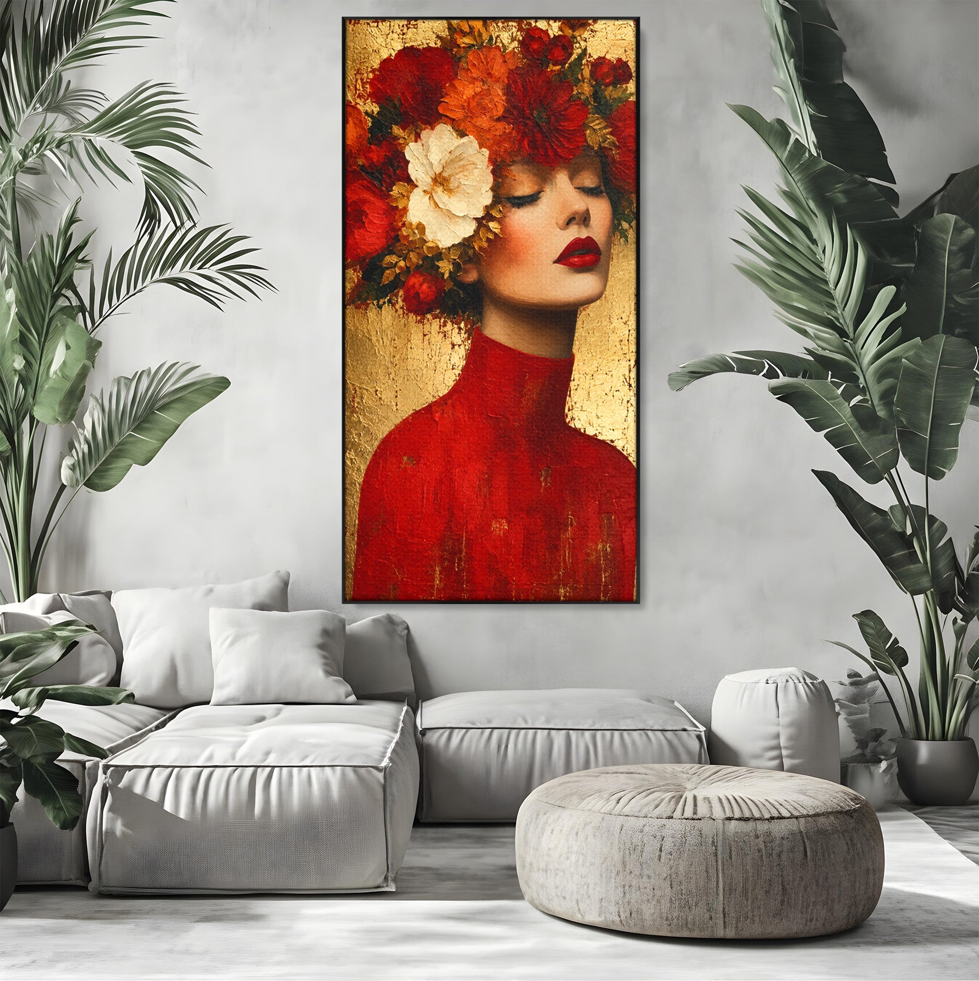 Tablou Canvas Premium LuxCanva® G1256, Femeie Cu Flori, Femeie, Flori, Portret, Eleganta, Living, Culori Vibrante