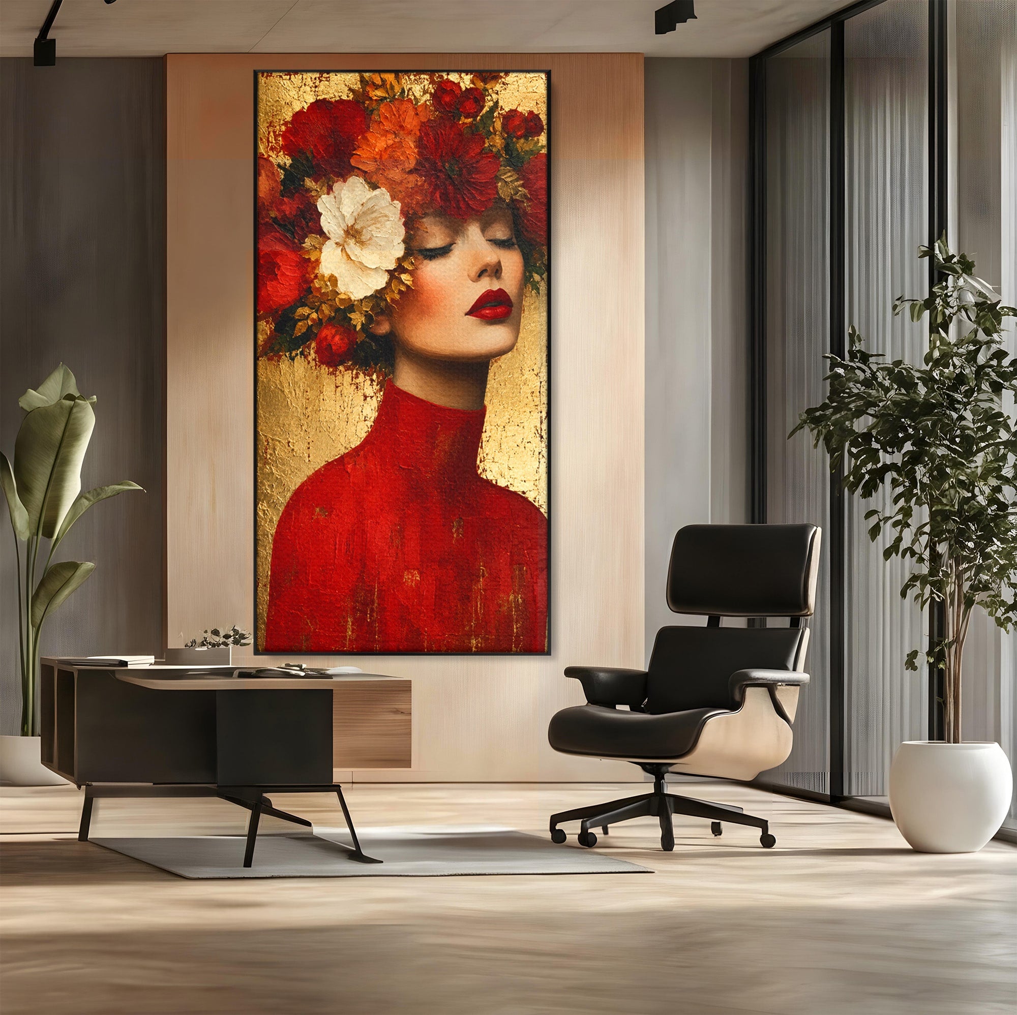 Tablou Canvas Premium LuxCanva® G1256, Femeie Cu Flori, Femeie, Flori, Portret, Eleganta, Living, Culori Vibrante