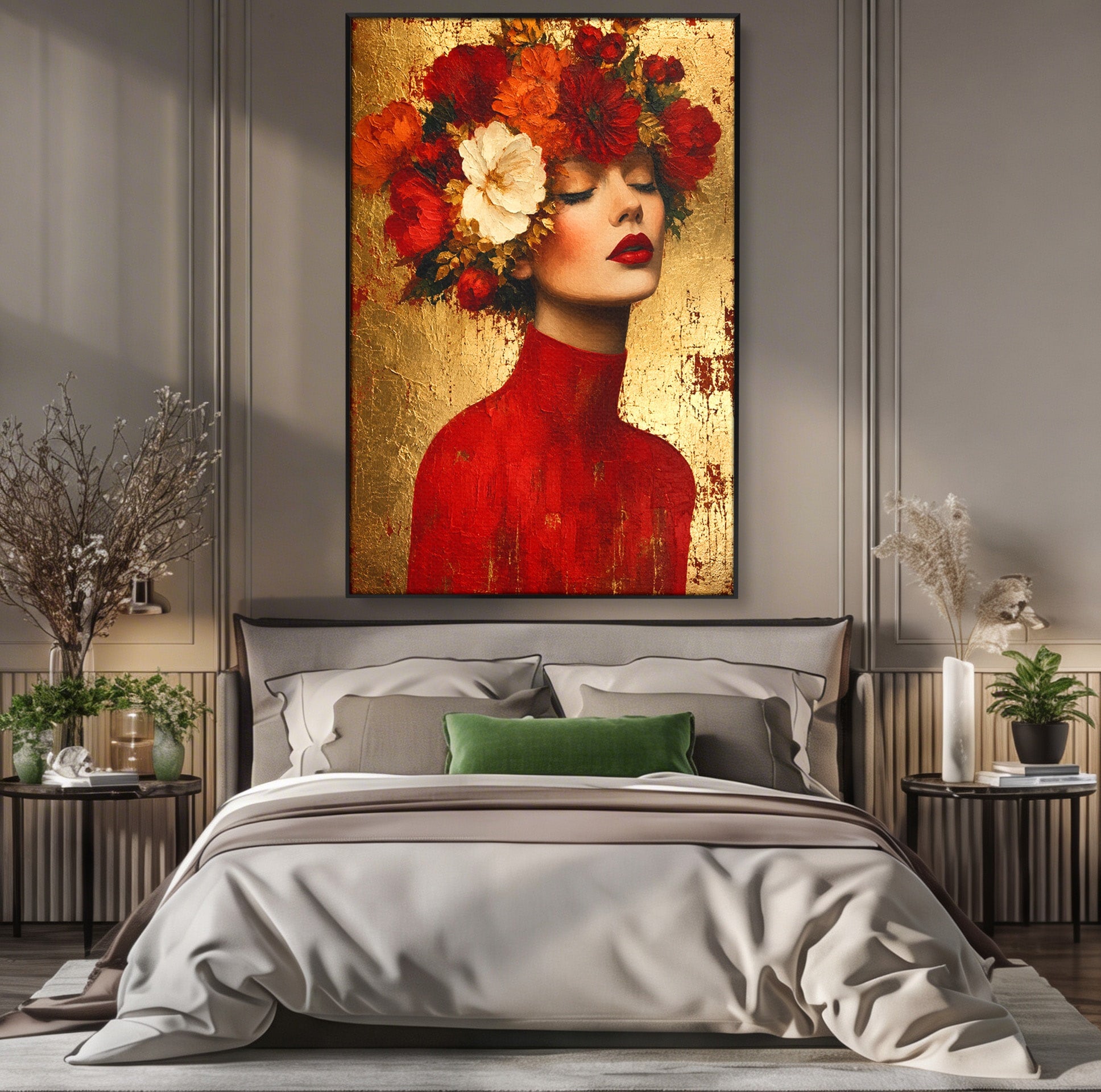Tablou Canvas Premium LuxCanva® G1256, Femeie Cu Flori, Femeie, Flori, Portret, Eleganta, Living, Culori Vibrante