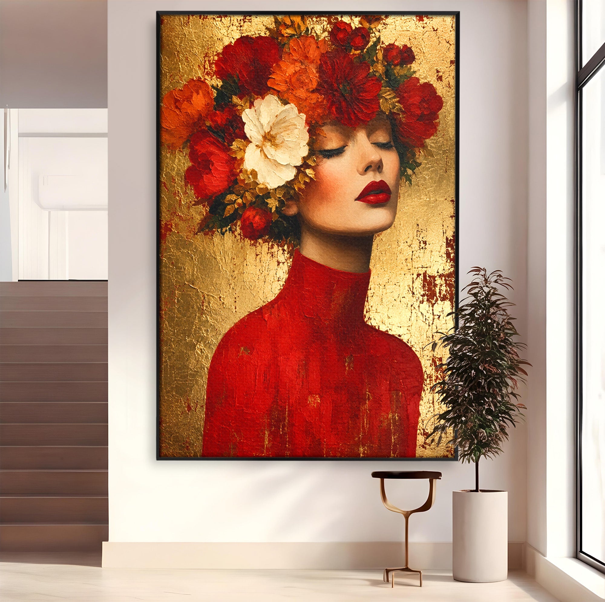 Tablou Canvas Premium LuxCanva® G1256, Femeie Cu Flori, Femeie, Flori, Portret, Eleganta, Living, Culori Vibrante