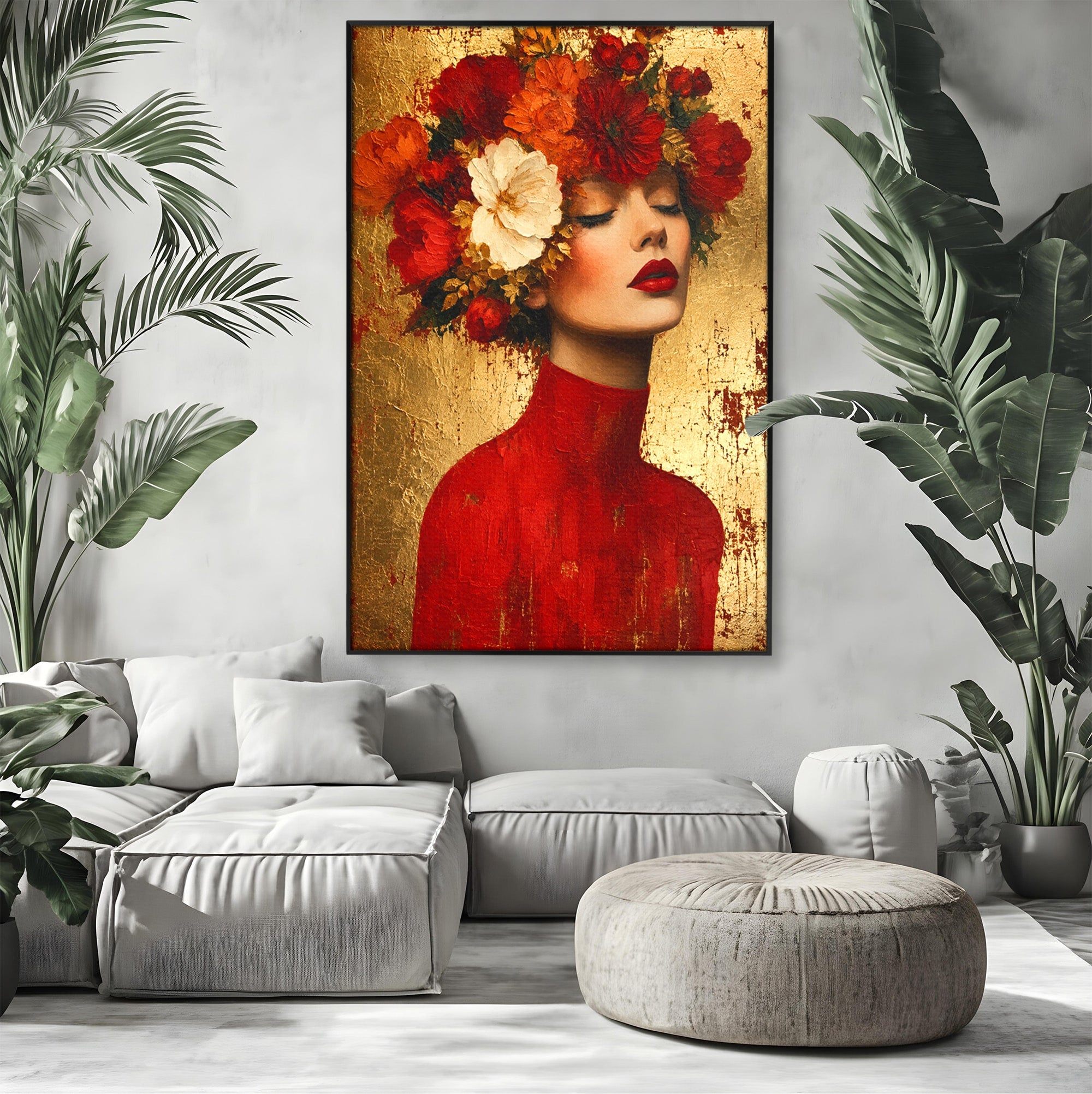 Tablou Canvas Premium LuxCanva® G1256, Femeie Cu Flori, Femeie, Flori, Portret, Eleganta, Living, Culori Vibrante
