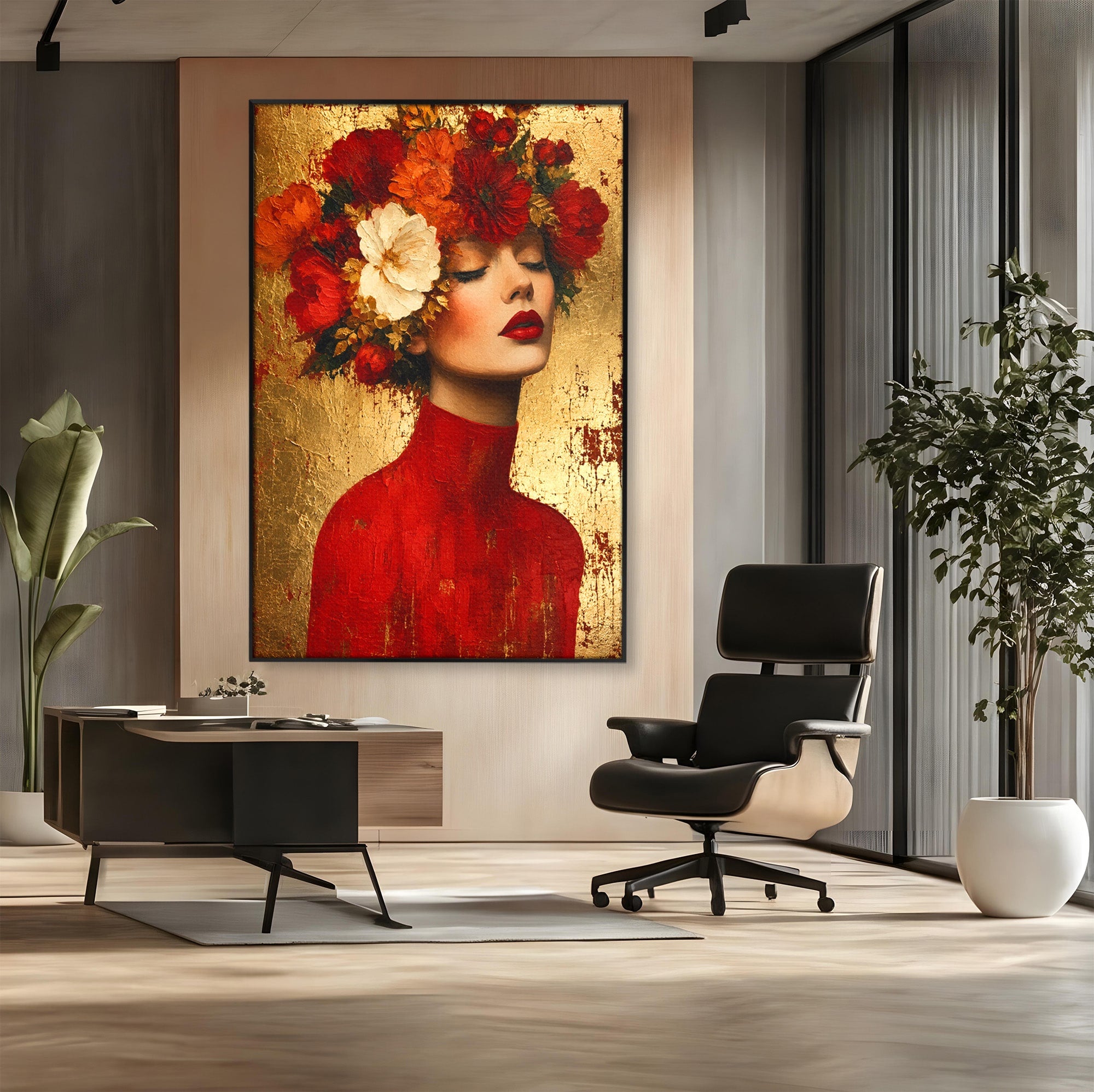 Tablou Canvas Premium LuxCanva® G1256, Femeie Cu Flori, Femeie, Flori, Portret, Eleganta, Living, Culori Vibrante