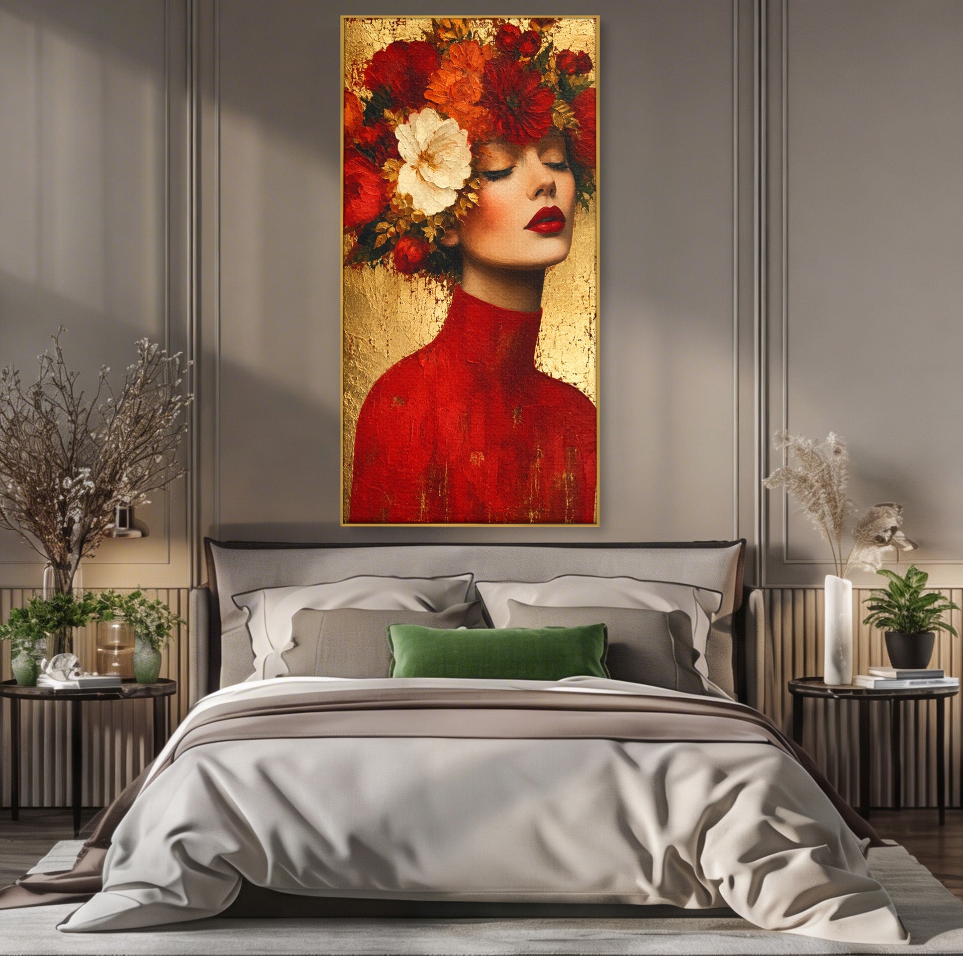 Tablou Canvas Premium LuxCanva® G1256, Femeie Cu Flori, Femeie, Flori, Portret, Eleganta, Living, Culori Vibrante