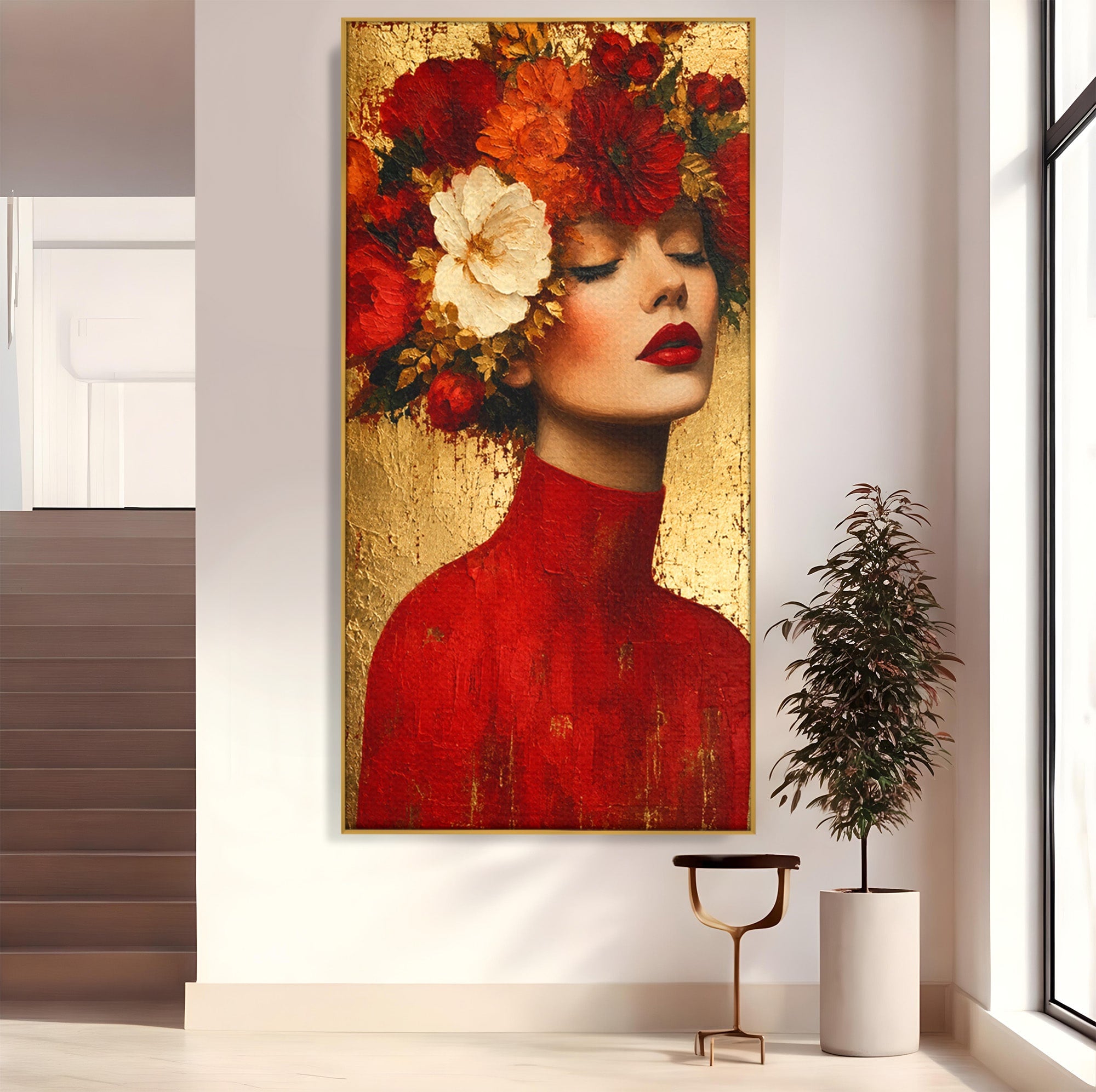 Tablou Canvas Premium LuxCanva® G1256, Femeie Cu Flori, Femeie, Flori, Portret, Eleganta, Living, Culori Vibrante