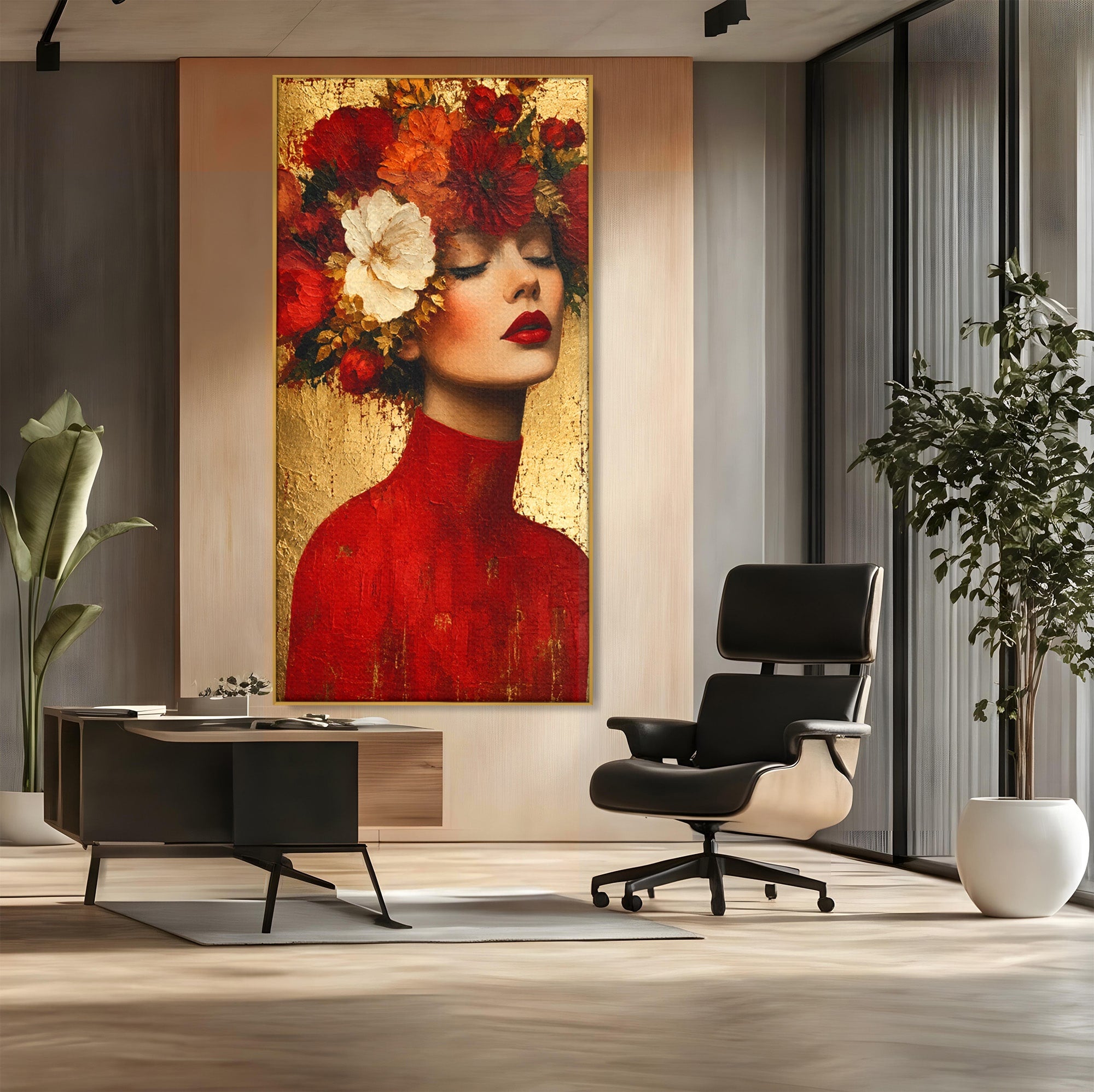 Tablou Canvas Premium LuxCanva® G1256, Femeie Cu Flori, Femeie, Flori, Portret, Eleganta, Living, Culori Vibrante