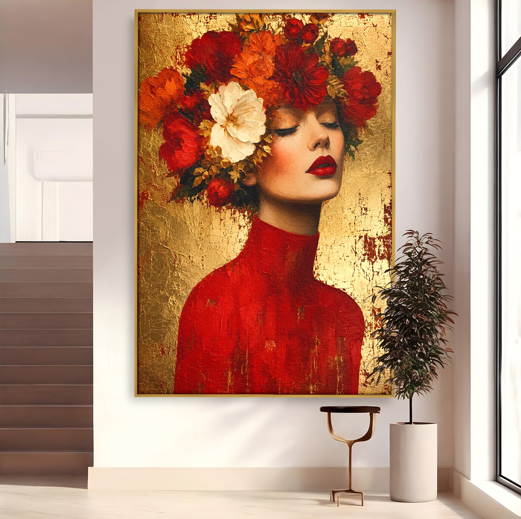 Tablou Canvas Premium LuxCanva® G1256, Femeie Cu Flori, Femeie, Flori, Portret, Eleganta, Living, Culori Vibrante