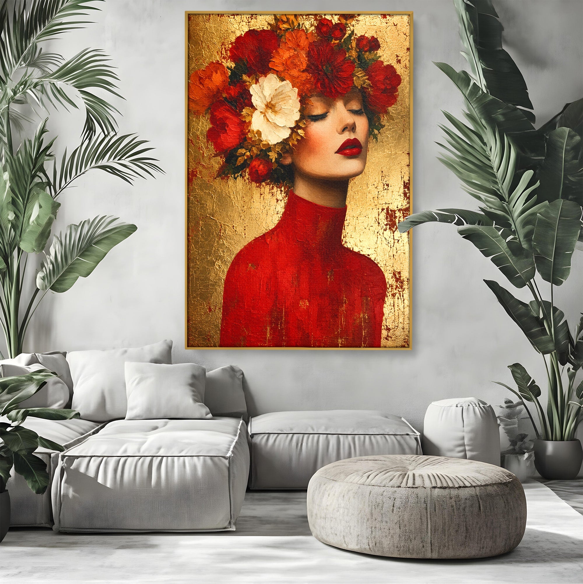 Tablou Canvas Premium LuxCanva® G1256, Femeie Cu Flori, Femeie, Flori, Portret, Eleganta, Living, Culori Vibrante