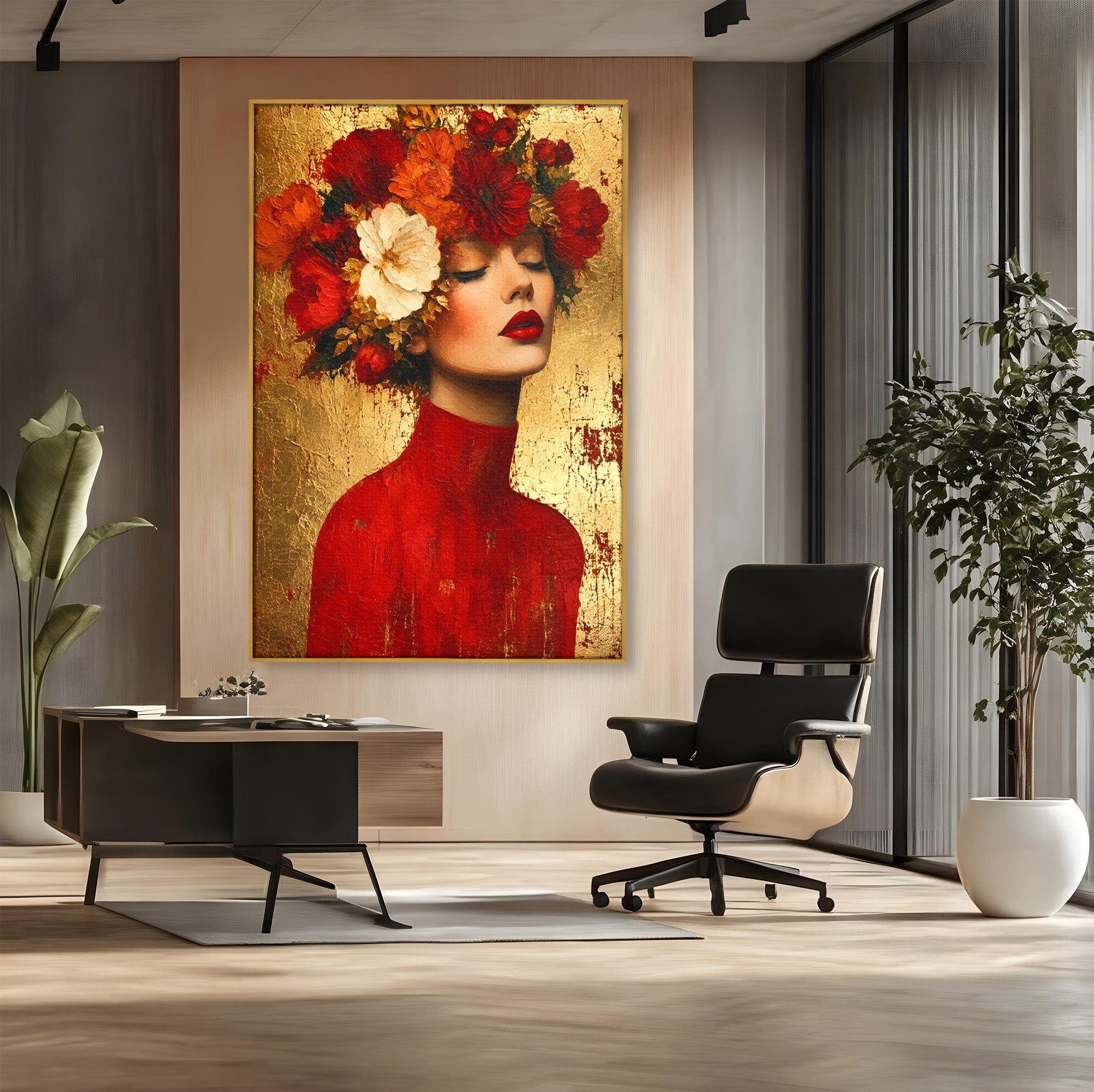 Tablou Canvas Premium LuxCanva® G1256, Femeie Cu Flori, Femeie, Flori, Portret, Eleganta, Living, Culori Vibrante