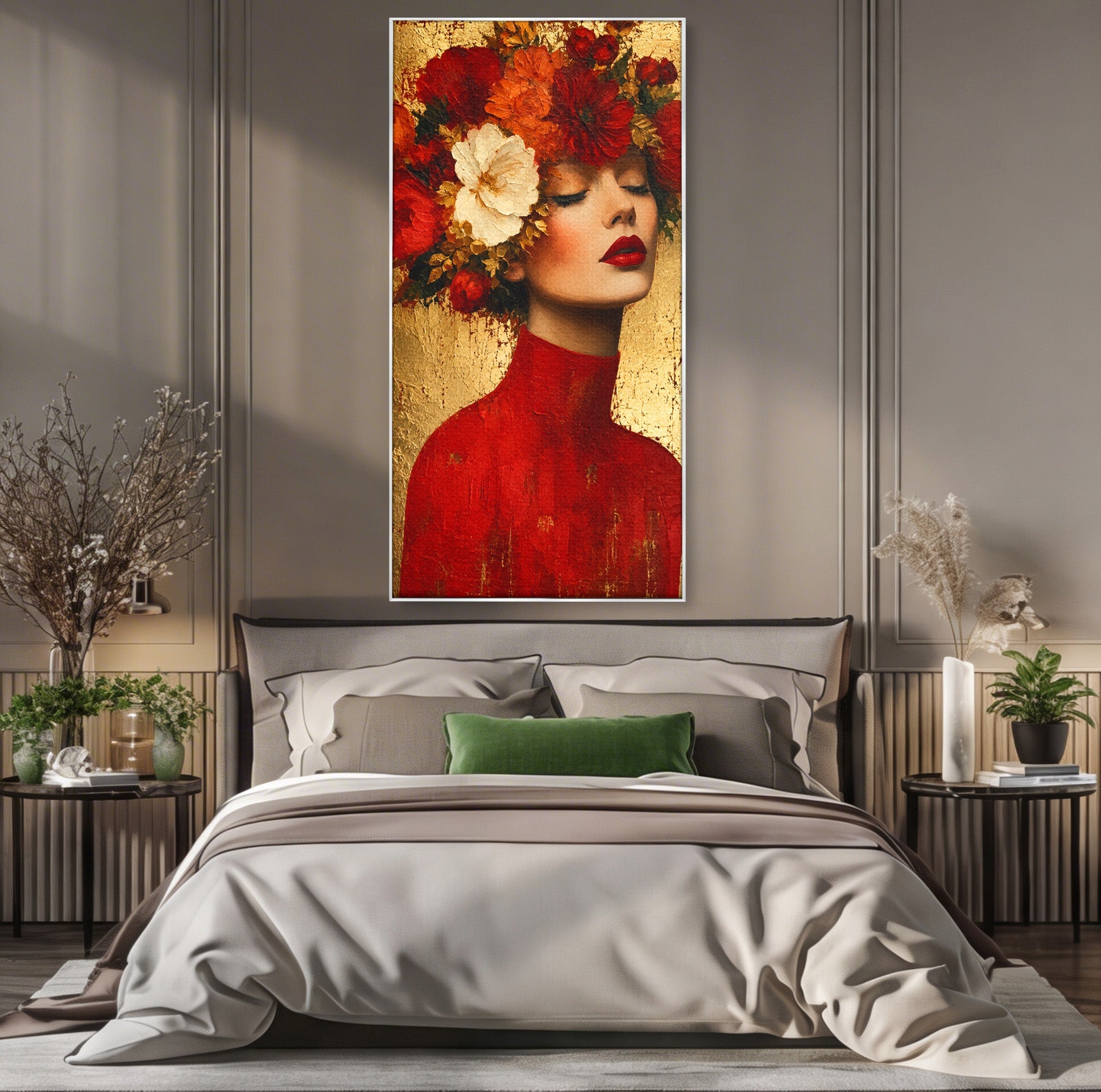 Tablou Canvas Premium LuxCanva® G1256, Femeie Cu Flori, Femeie, Flori, Portret, Eleganta, Living, Culori Vibrante
