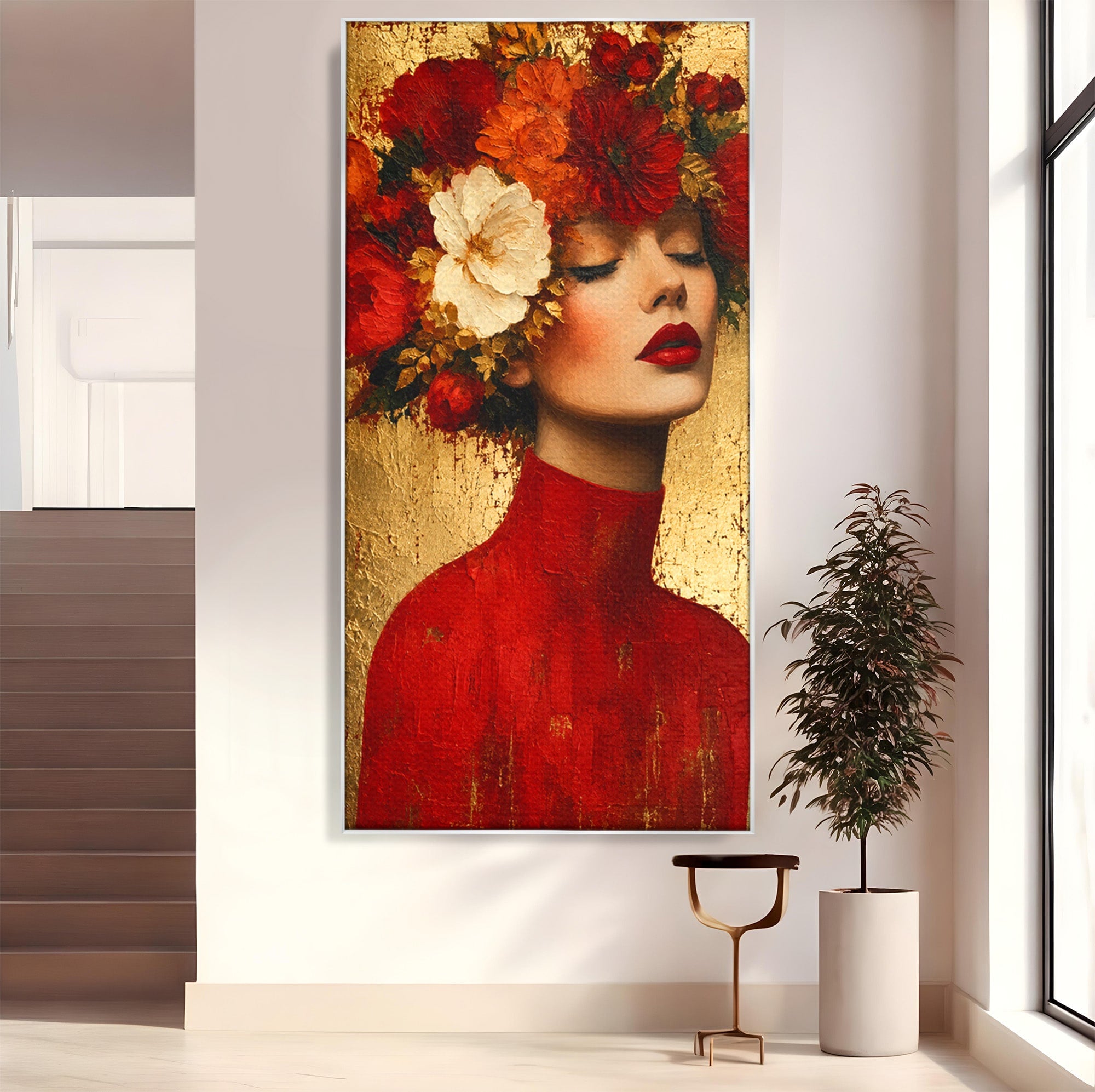 Tablou Canvas Premium LuxCanva® G1256, Femeie Cu Flori, Femeie, Flori, Portret, Eleganta, Living, Culori Vibrante