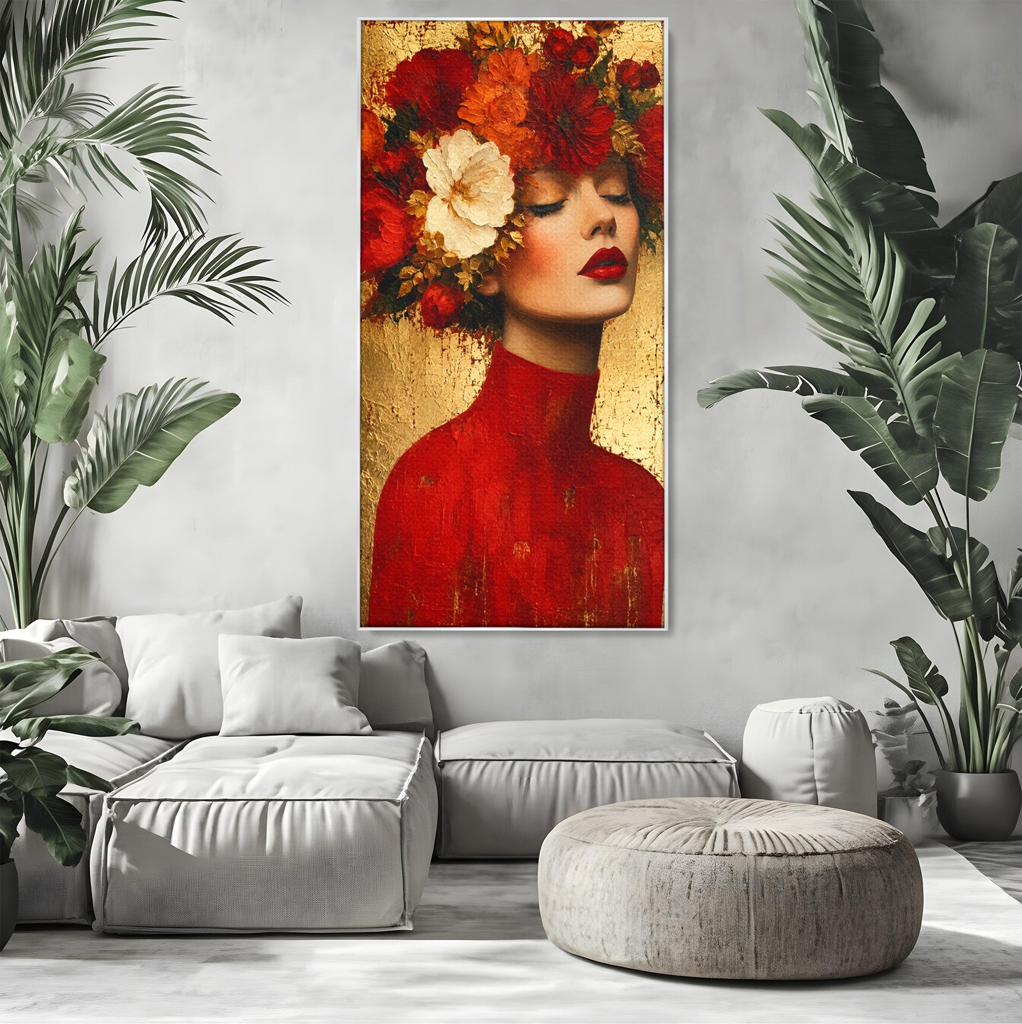 Tablou Canvas Premium LuxCanva® G1256, Femeie Cu Flori, Femeie, Flori, Portret, Eleganta, Living, Culori Vibrante