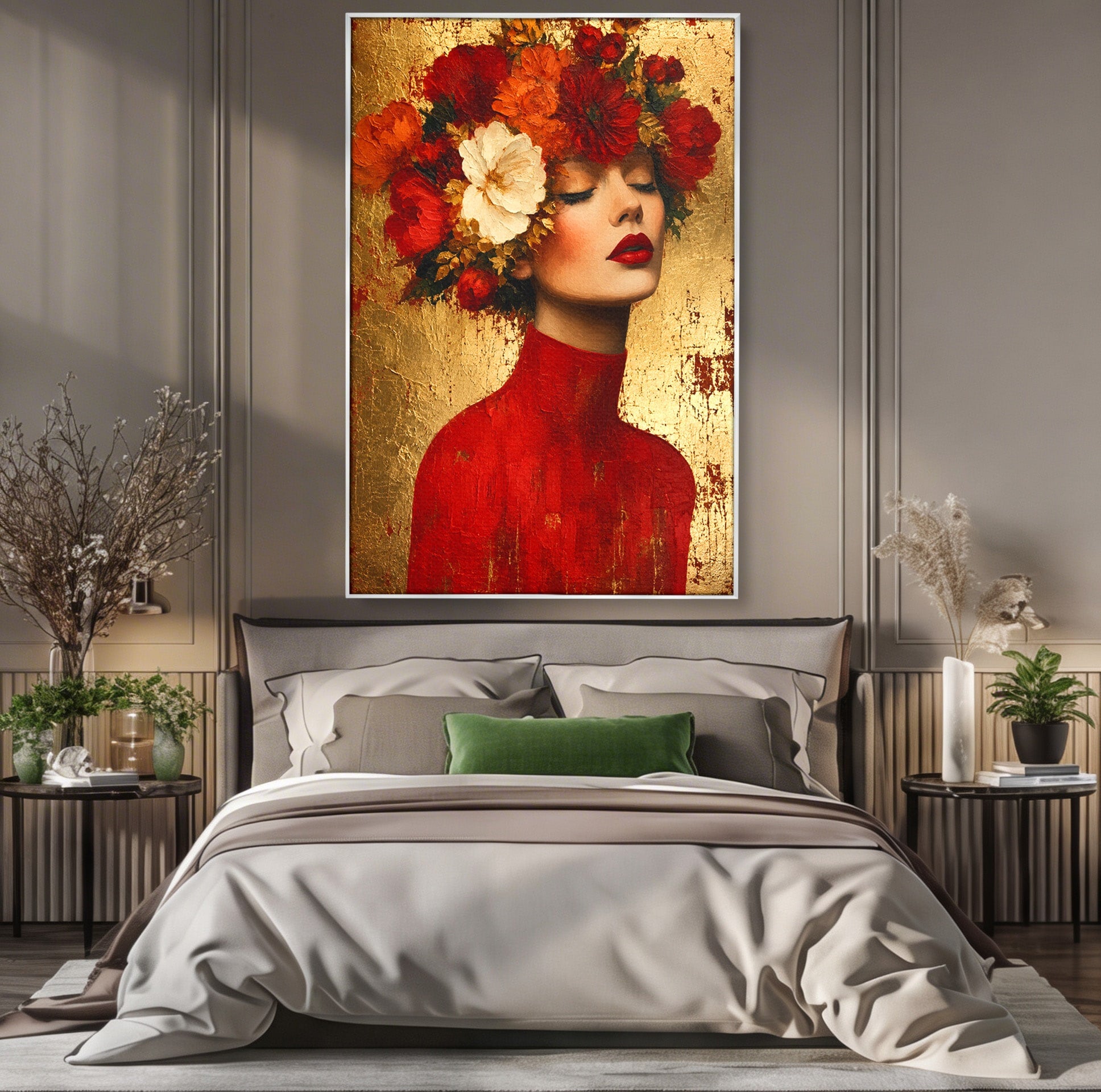 Tablou Canvas Premium LuxCanva® G1256, Femeie Cu Flori, Femeie, Flori, Portret, Eleganta, Living, Culori Vibrante