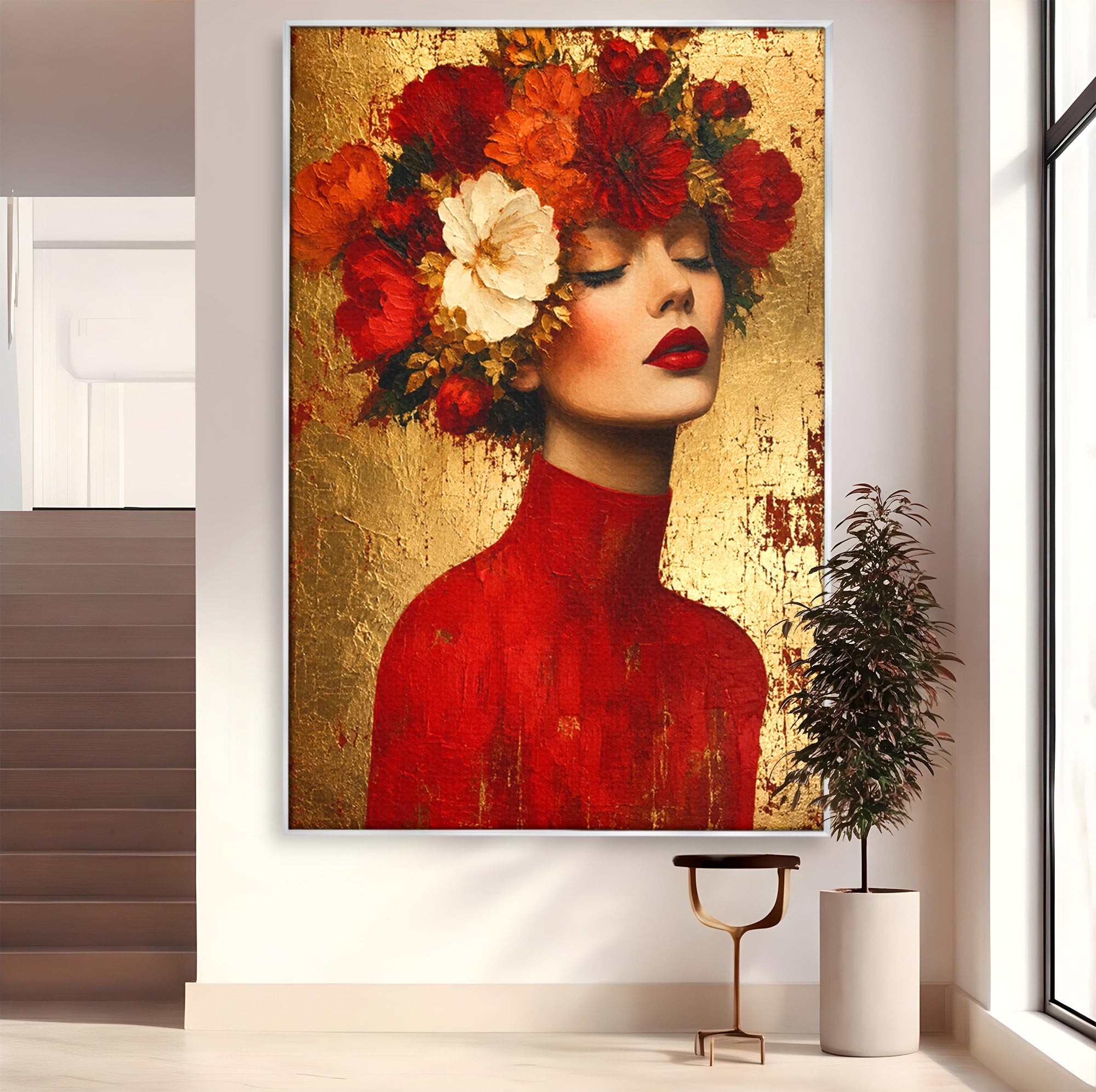 Tablou Canvas Premium LuxCanva® G1256, Femeie Cu Flori, Femeie, Flori, Portret, Eleganta, Living, Culori Vibrante