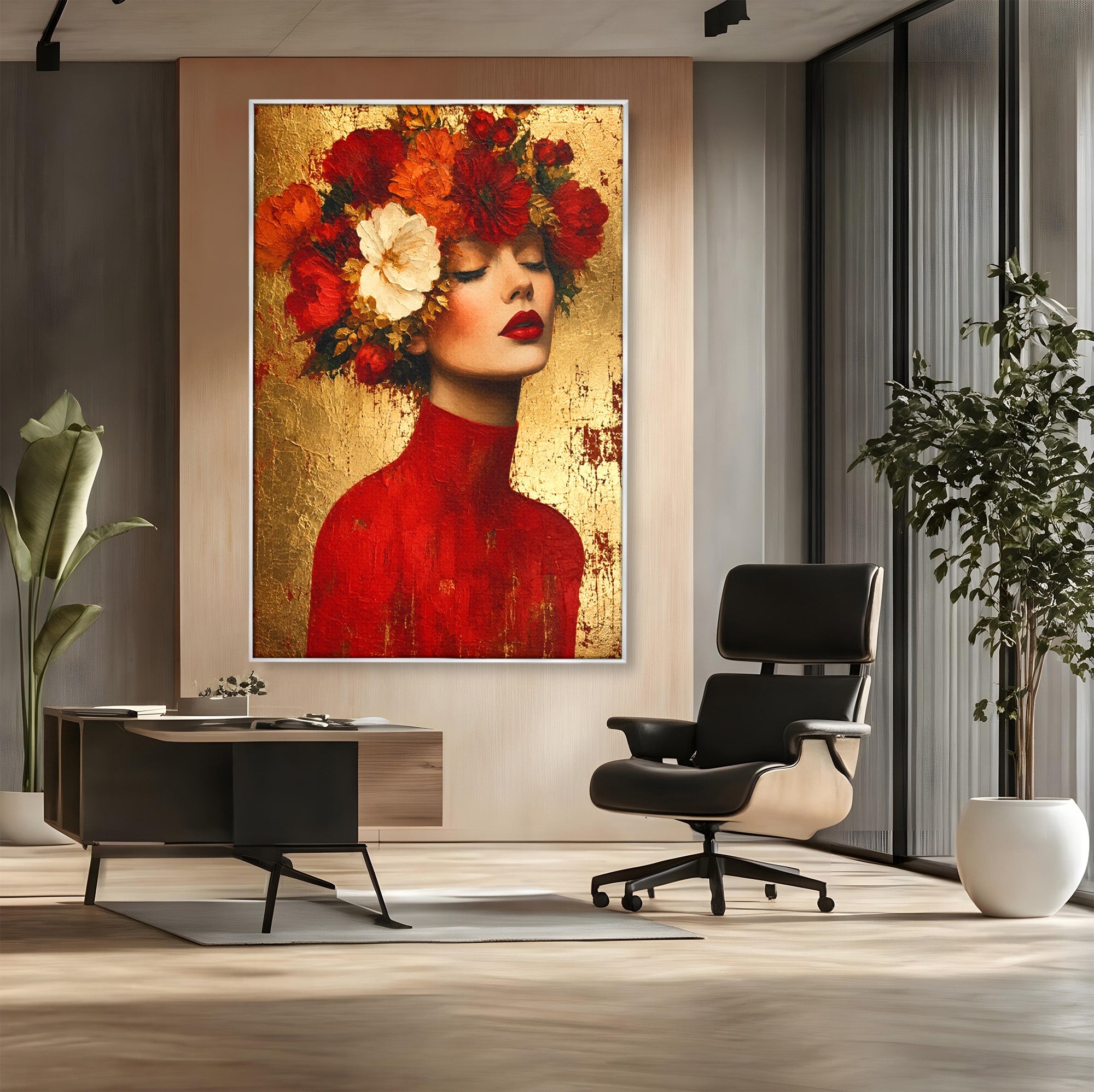 Tablou Canvas Premium LuxCanva® G1256, Femeie Cu Flori, Femeie, Flori, Portret, Eleganta, Living, Culori Vibrante