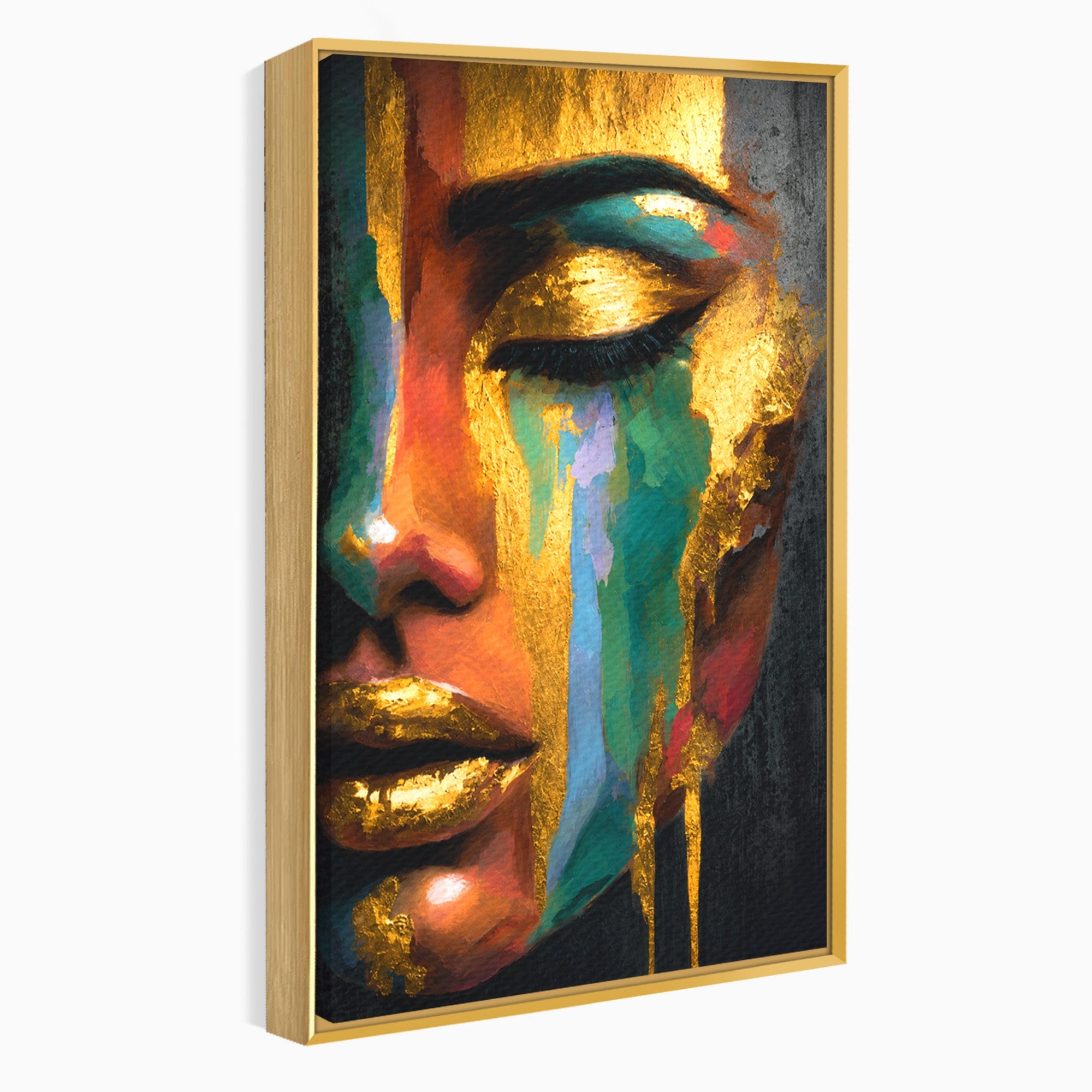 Tablou Canvas Premium LuxCanva® G1259, Chip De Femeie Aurit, Femeie, Portret, Arta Abstracta, Eleganta, Auriu, Dormitor, Birou, Culori Vibrante