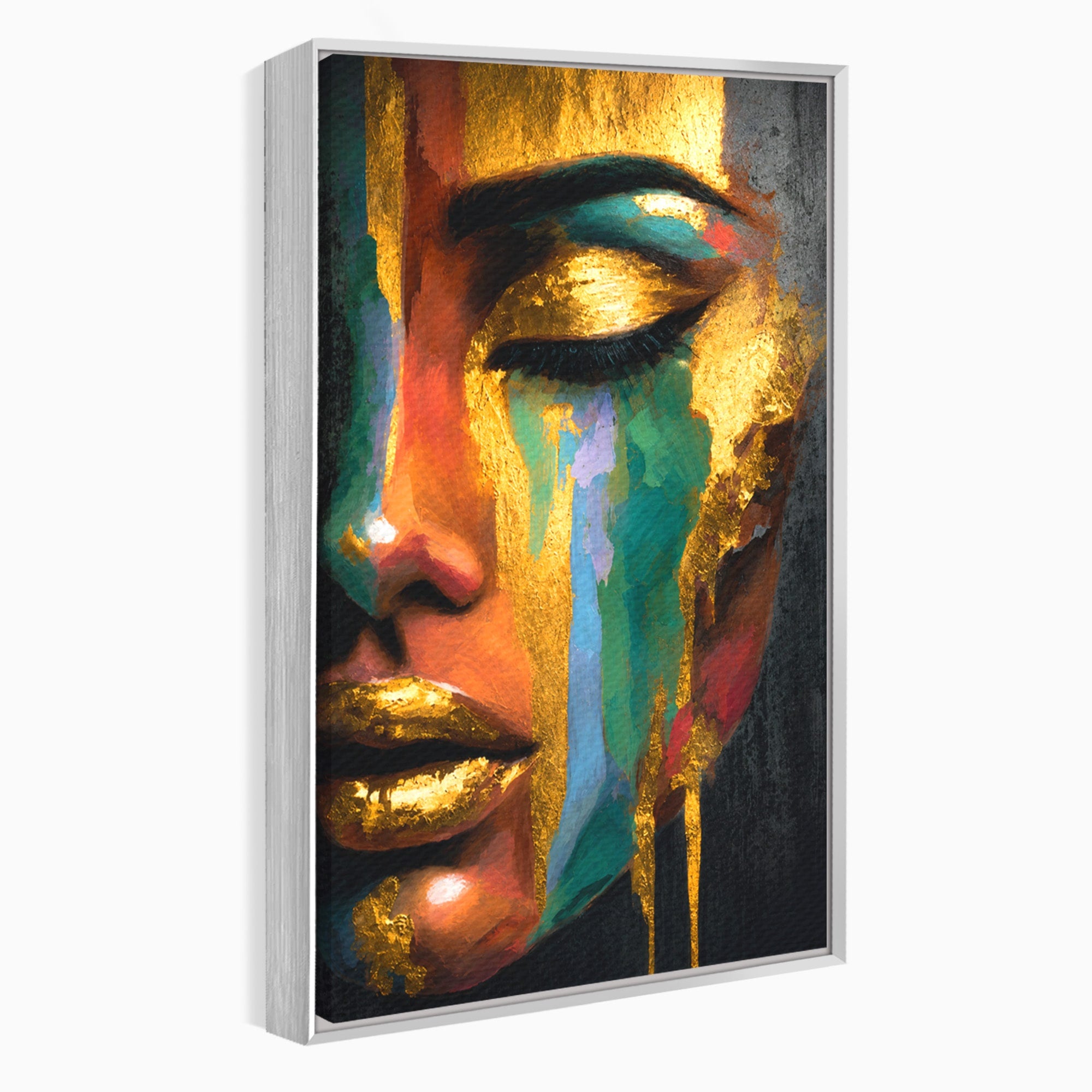 Tablou Canvas Premium LuxCanva® G1259, Chip De Femeie Aurit, Femeie, Portret, Arta Abstracta, Eleganta, Auriu, Dormitor, Birou, Culori Vibrante