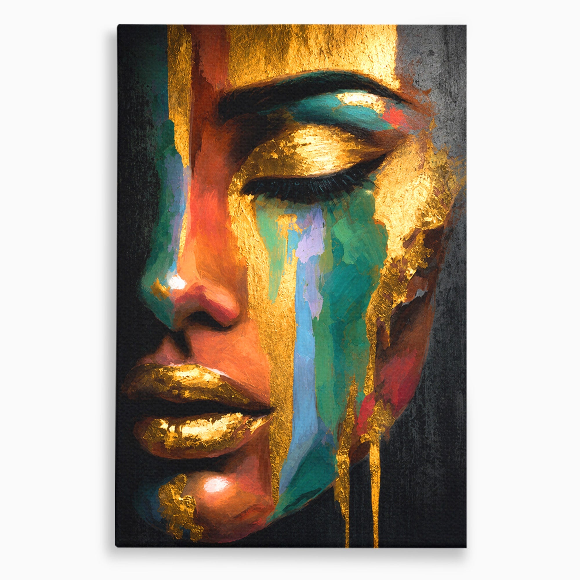 Tablou Canvas Premium LuxCanva® G1259, Chip De Femeie Aurit, Femeie, Portret, Arta Abstracta, Eleganta, Auriu, Dormitor, Birou, Culori Vibrante