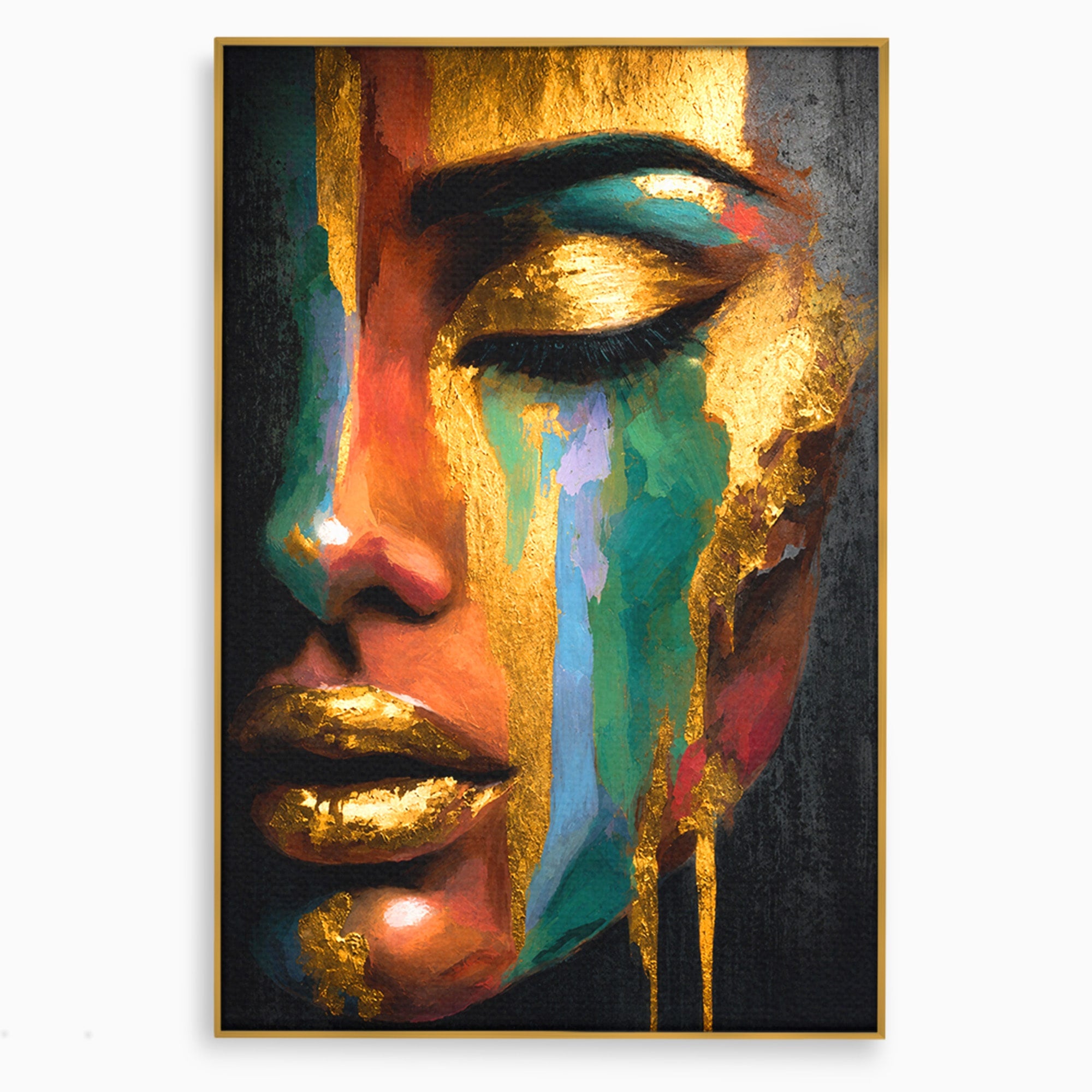 Tablou Canvas Premium LuxCanva® G1259, Chip De Femeie Aurit, Femeie, Portret, Arta Abstracta, Eleganta, Auriu, Dormitor, Birou, Culori Vibrante