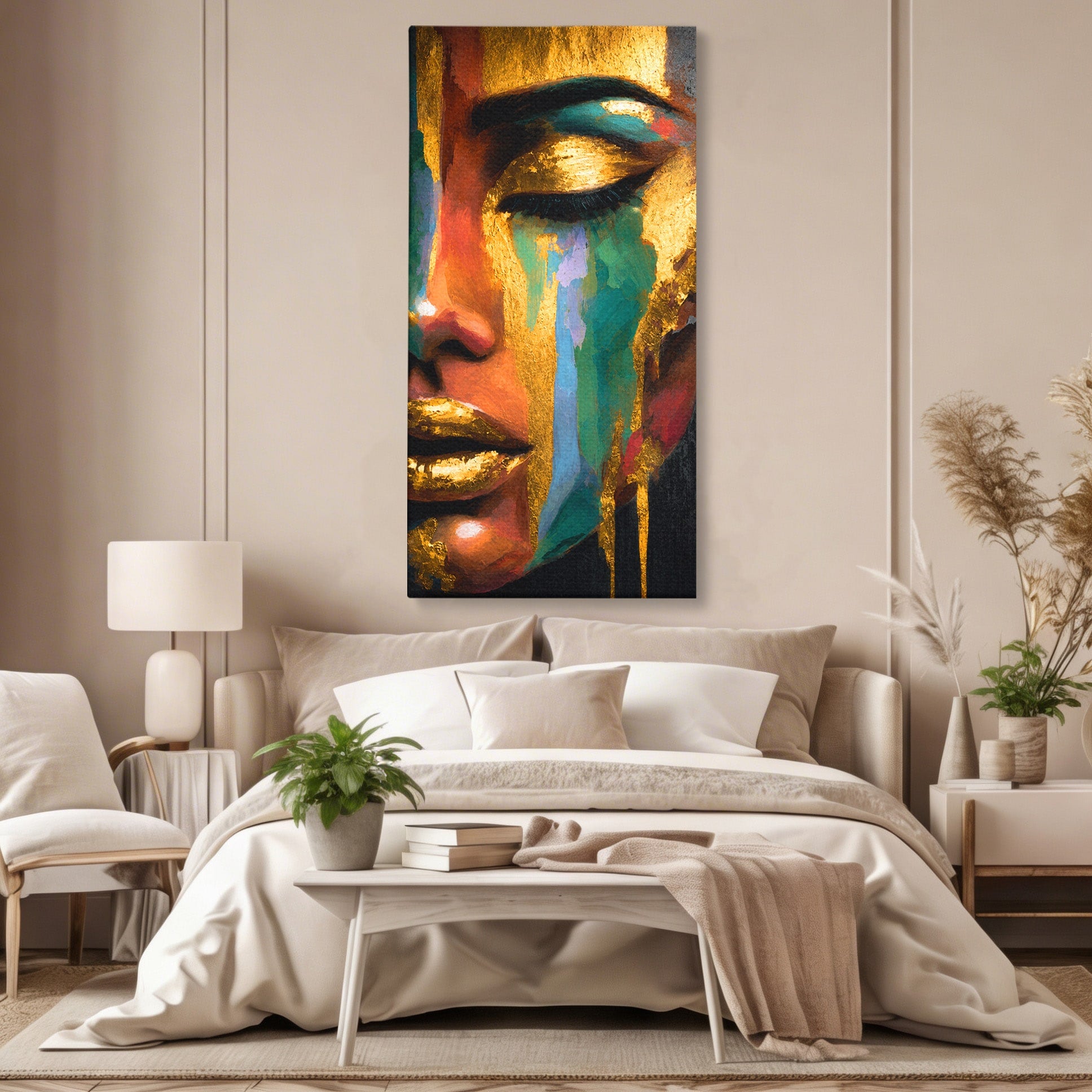 Tablou Canvas Premium LuxCanva® G1259, Chip De Femeie Aurit, Femeie, Portret, Arta Abstracta, Eleganta, Auriu, Dormitor, Birou, Culori Vibrante