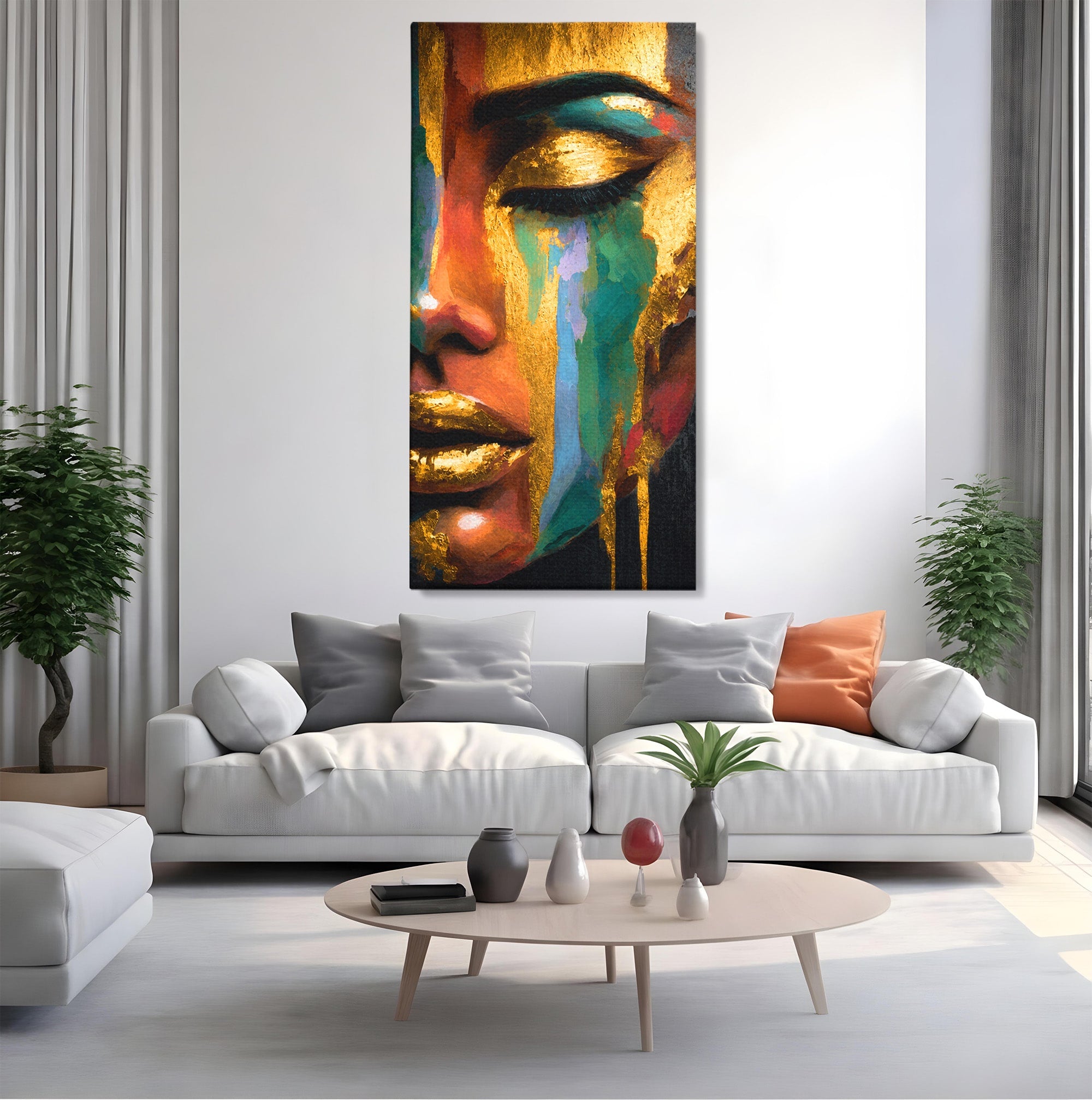 Tablou Canvas Premium LuxCanva® G1259, Chip De Femeie Aurit, Femeie, Portret, Arta Abstracta, Eleganta, Auriu, Dormitor, Birou, Culori Vibrante