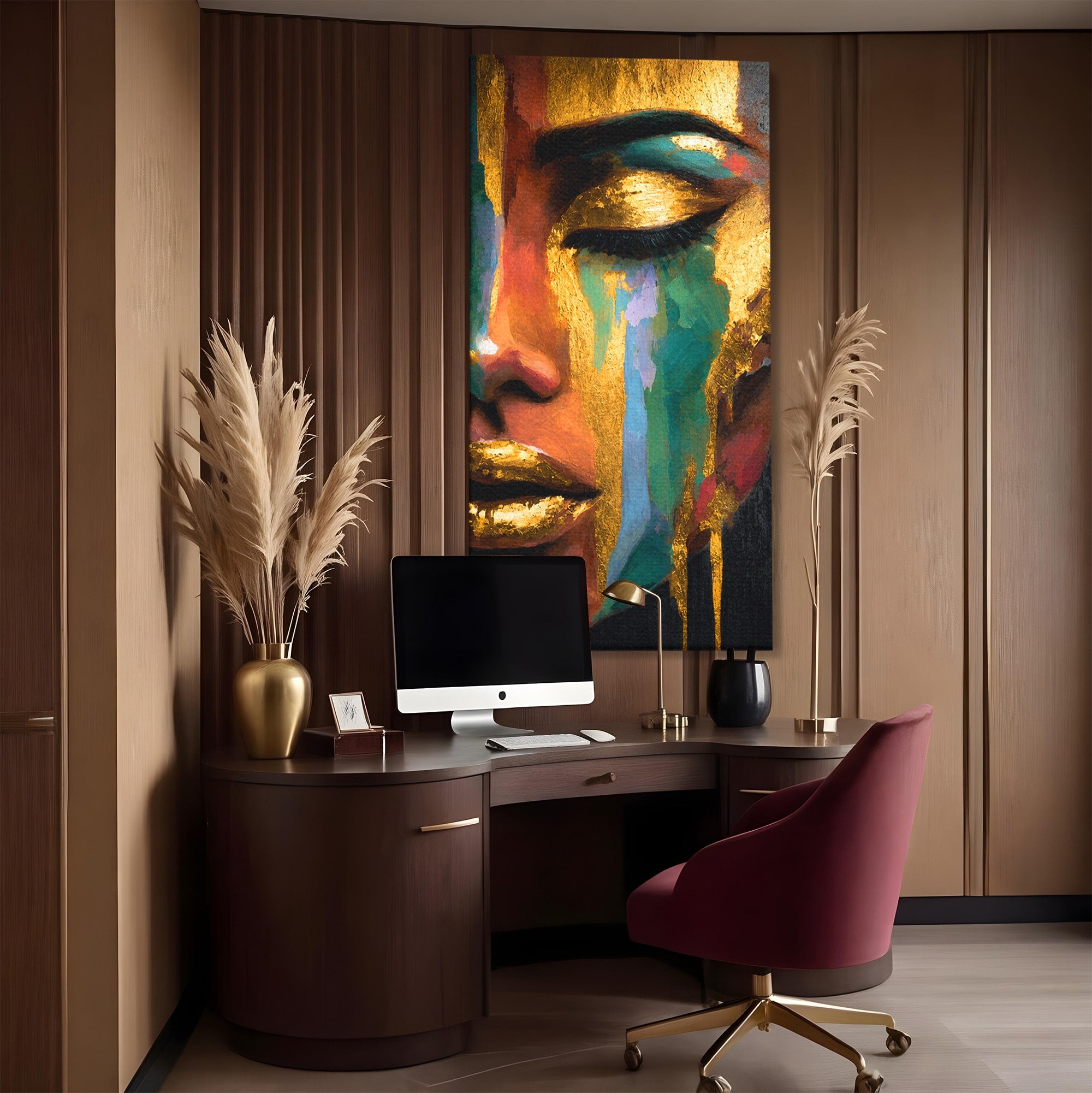 Tablou Canvas Premium LuxCanva® G1259, Chip De Femeie Aurit, Femeie, Portret, Arta Abstracta, Eleganta, Auriu, Dormitor, Birou, Culori Vibrante