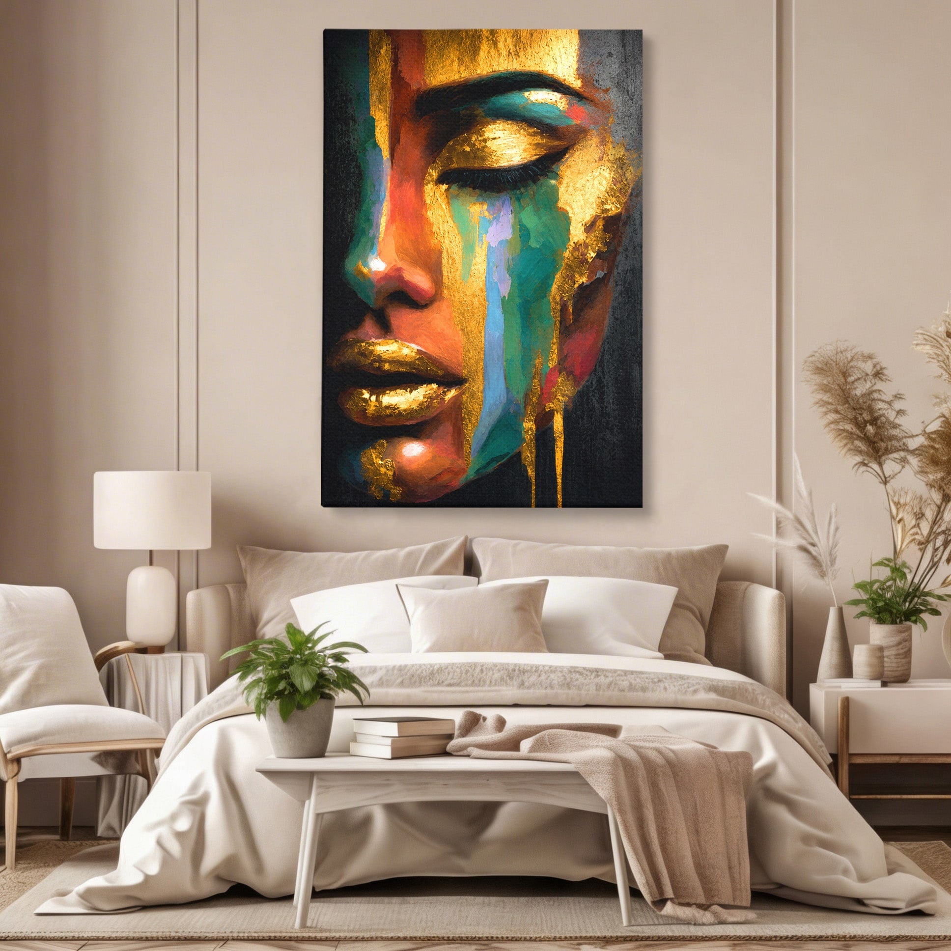 Tablou Canvas Premium LuxCanva® G1259, Chip De Femeie Aurit, Femeie, Portret, Arta Abstracta, Eleganta, Auriu, Dormitor, Birou, Culori Vibrante