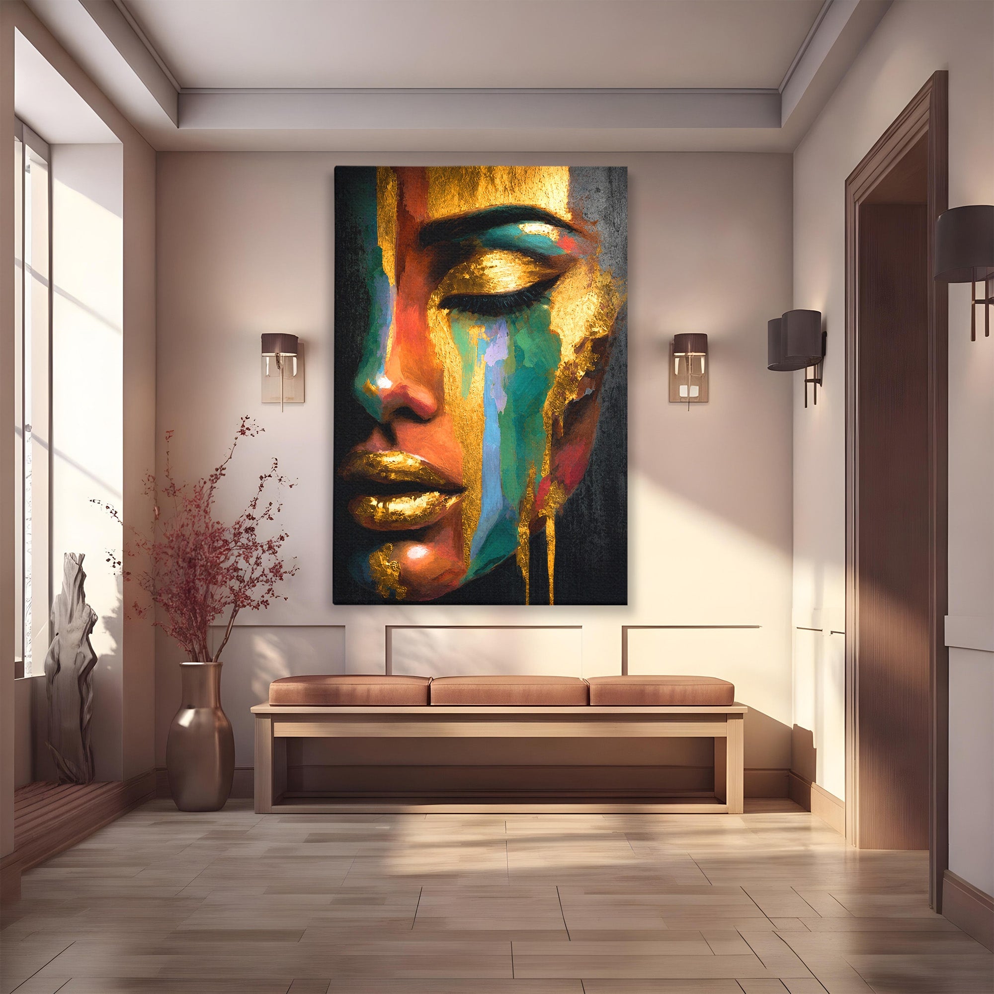 Tablou Canvas Premium LuxCanva® G1259, Chip De Femeie Aurit, Femeie, Portret, Arta Abstracta, Eleganta, Auriu, Dormitor, Birou, Culori Vibrante
