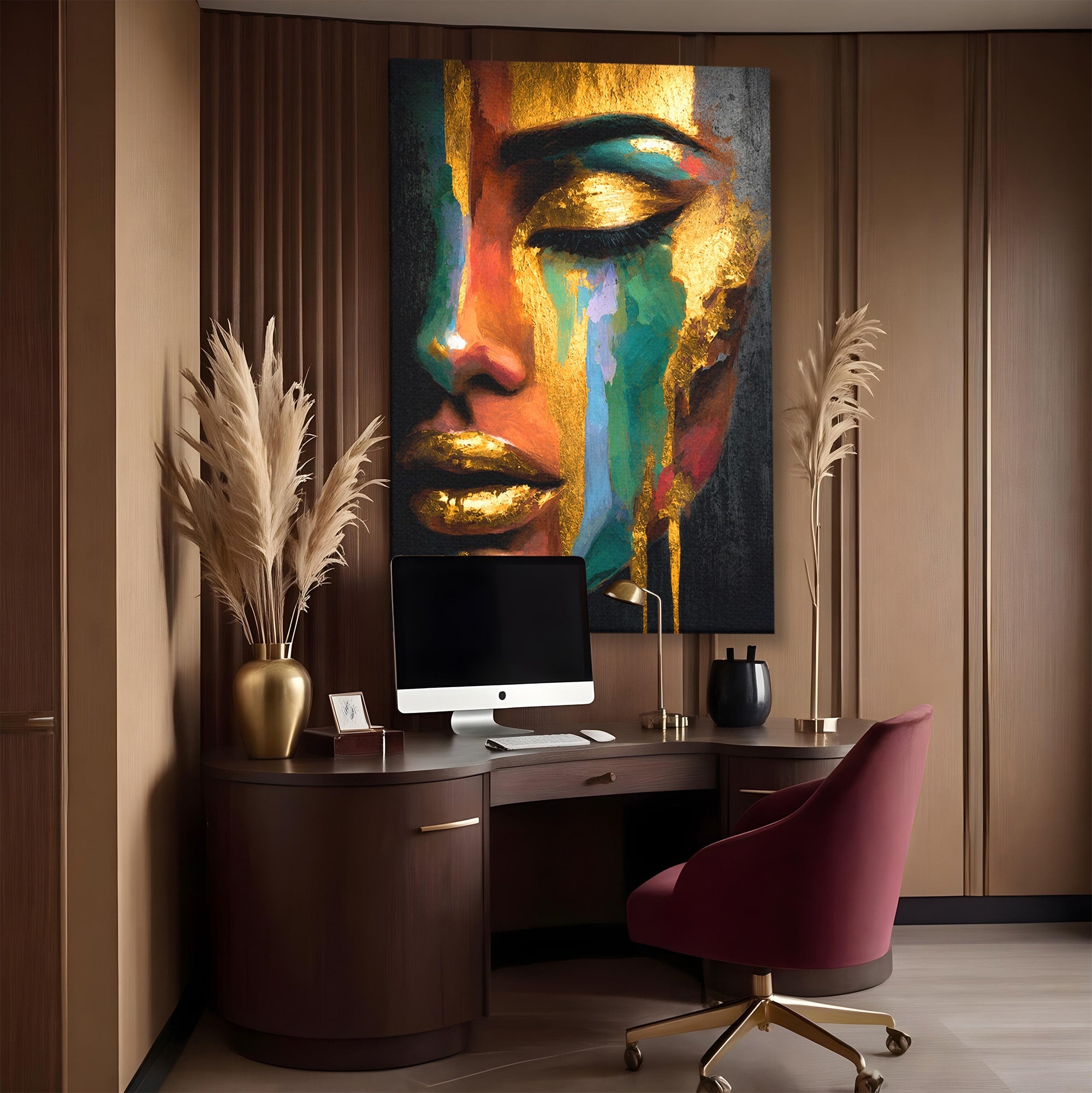 Tablou Canvas Premium LuxCanva® G1259, Chip De Femeie Aurit, Femeie, Portret, Arta Abstracta, Eleganta, Auriu, Dormitor, Birou, Culori Vibrante