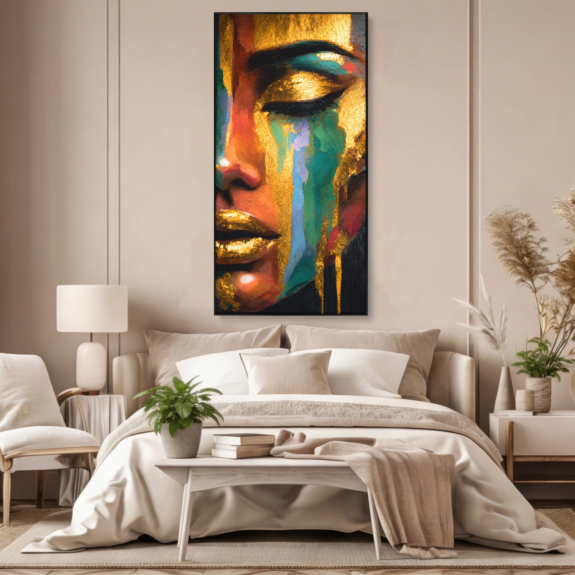 Tablou Canvas Premium LuxCanva® G1259, Chip De Femeie Aurit, Femeie, Portret, Arta Abstracta, Eleganta, Auriu, Dormitor, Birou, Culori Vibrante