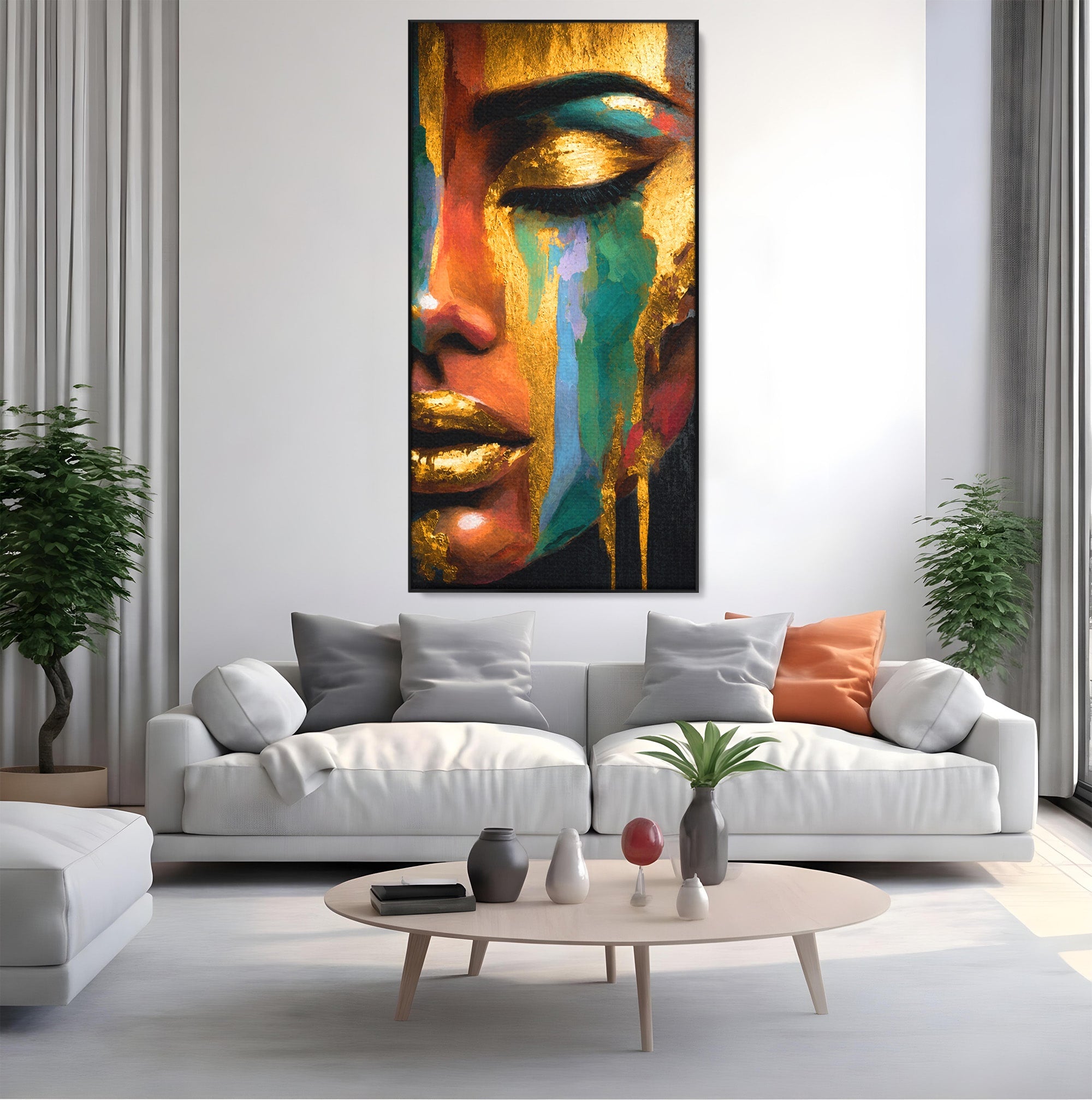 Tablou Canvas Premium LuxCanva® G1259, Chip De Femeie Aurit, Femeie, Portret, Arta Abstracta, Eleganta, Auriu, Dormitor, Birou, Culori Vibrante
