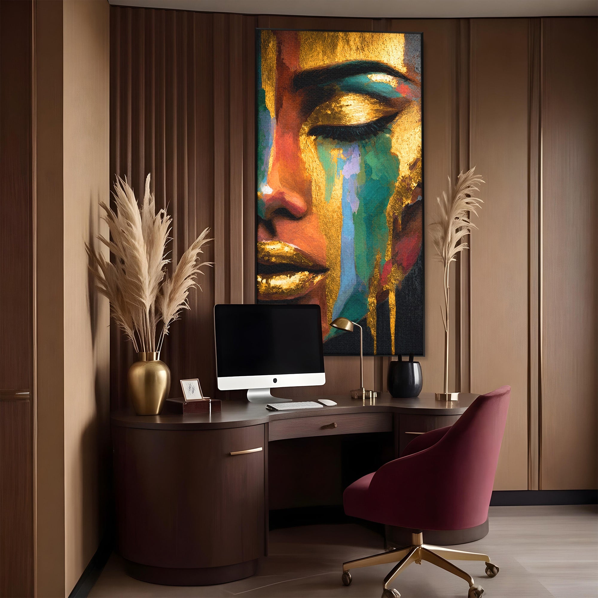 Tablou Canvas Premium LuxCanva® G1259, Chip De Femeie Aurit, Femeie, Portret, Arta Abstracta, Eleganta, Auriu, Dormitor, Birou, Culori Vibrante