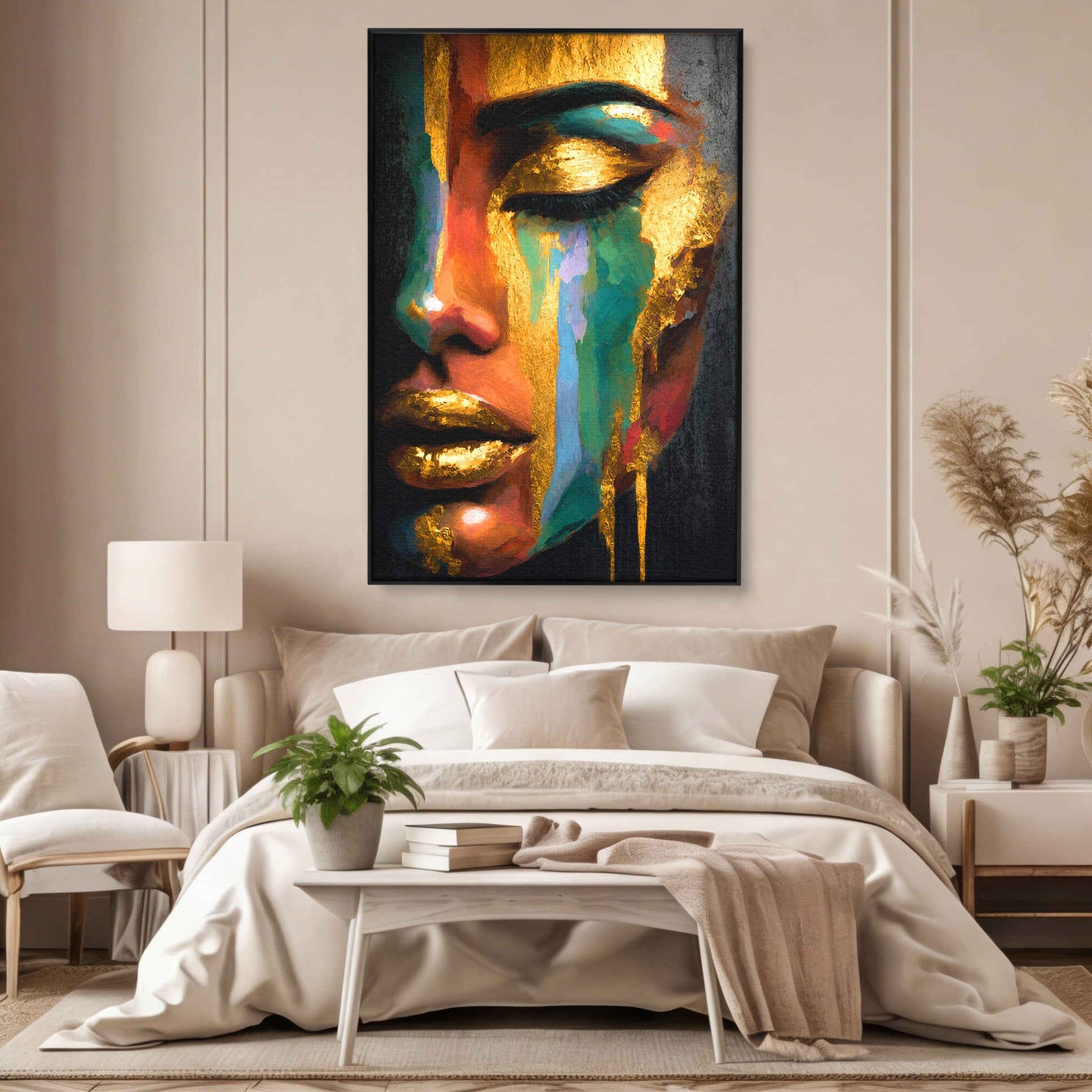 Tablou Canvas Premium LuxCanva® G1259, Chip De Femeie Aurit, Femeie, Portret, Arta Abstracta, Eleganta, Auriu, Dormitor, Birou, Culori Vibrante