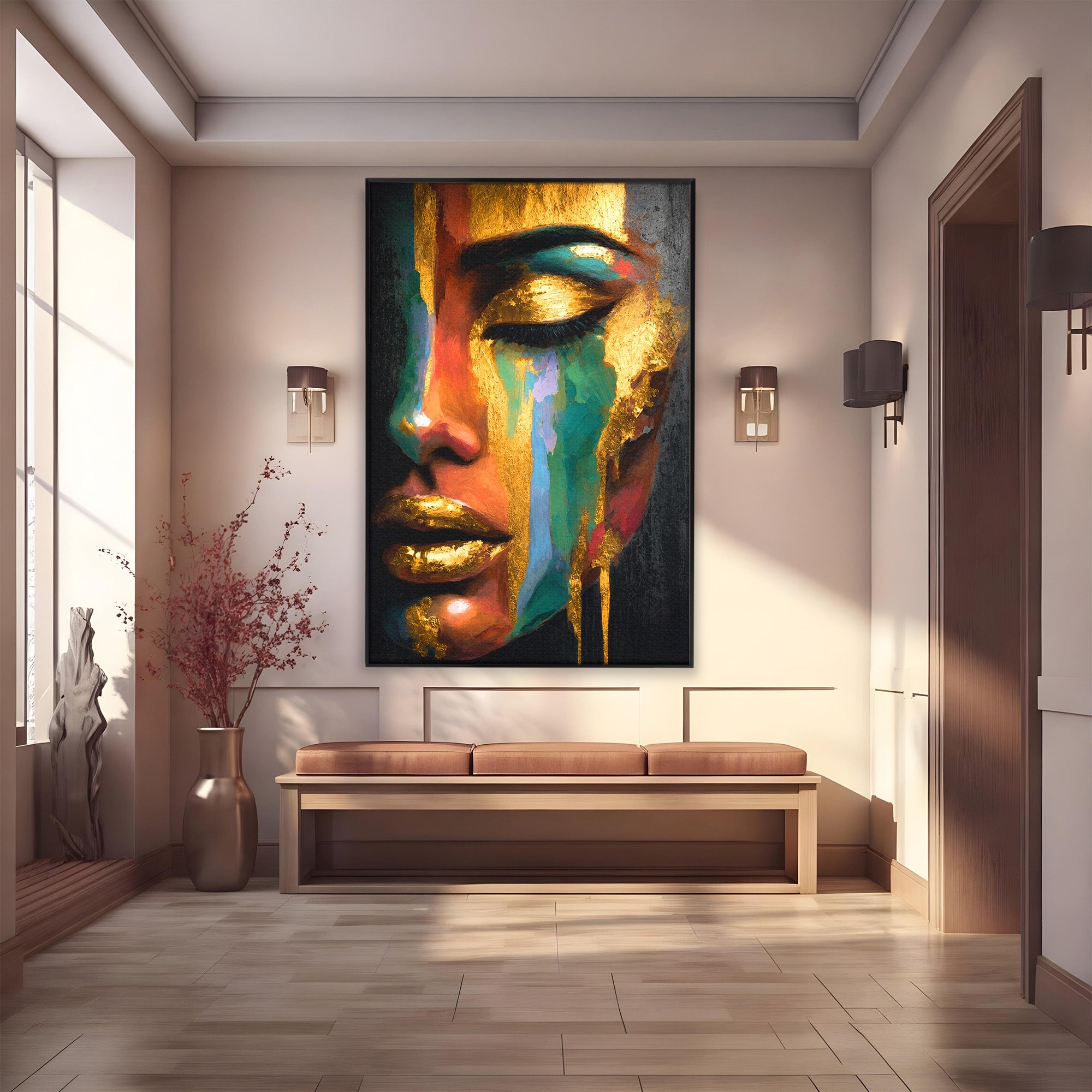 Tablou Canvas Premium LuxCanva® G1259, Chip De Femeie Aurit, Femeie, Portret, Arta Abstracta, Eleganta, Auriu, Dormitor, Birou, Culori Vibrante